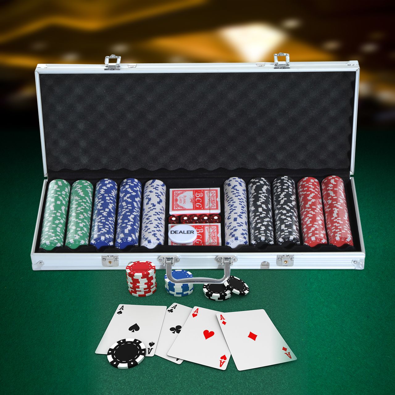 HOMCOM Pokerkoffer Pokerset 500 Pokerchips 5 Farben 2 x Kartenspiel 5 x Würfel