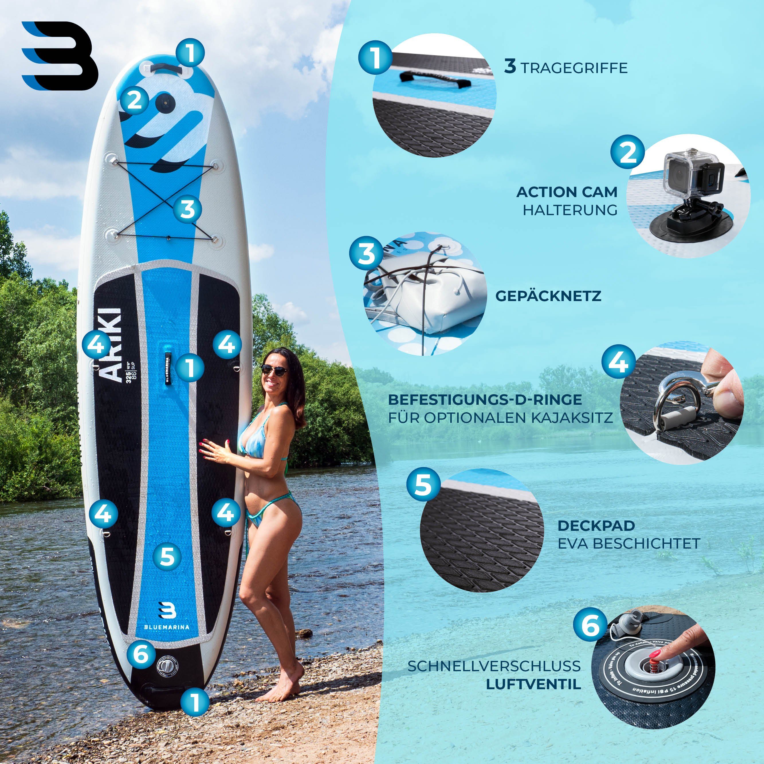 Bluemarina SUP-Board Aufblasbares Bluemarina SUP Board Ariki inkl. 5 J. Garantie, Stand Up Paddle Board, (10 - 15 cm dick, PVC, max 140 kg), Paddling board, Paddelboard, Surfboard, (Kinder/Erwachsene bis 90 kg - 3-Finnen - Action-Cam-Halterung, UV Re