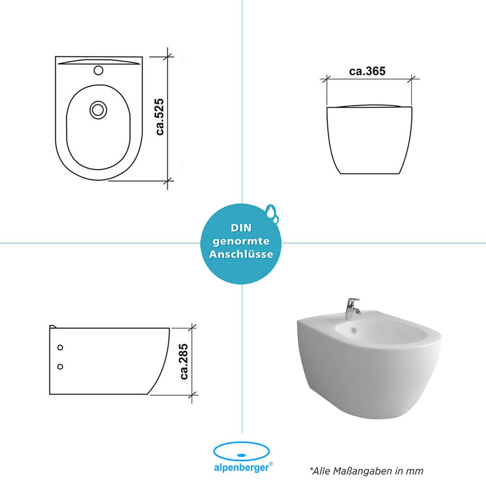 Alpenberger Bidet mit Überlauf und Hahnloch - Hänge Bidet - WC Dusche Taharet Made in EU, Oval, Wandmontage, Waagerecht Abgang, 1-tlg., 1 tlg., Wand-Bidet aus Keramik