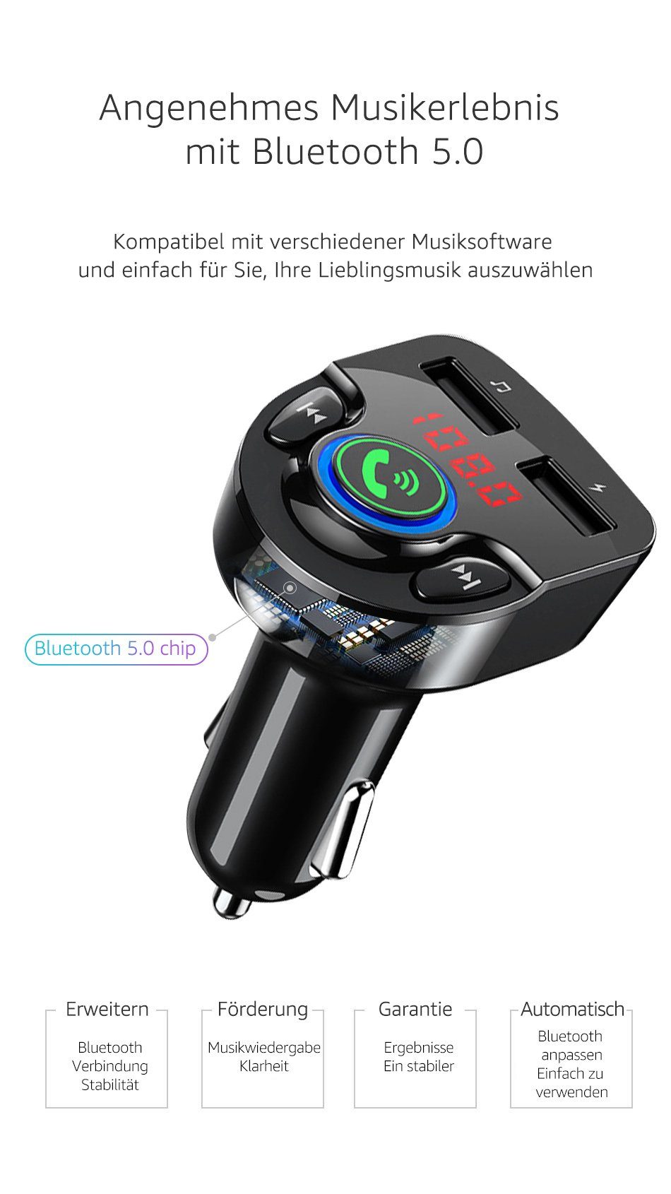 LifeImpree Auto-Adapter, Auto MP3 Player, USB Ladegerät, Kabellose Ladegeräte, FM transmitter