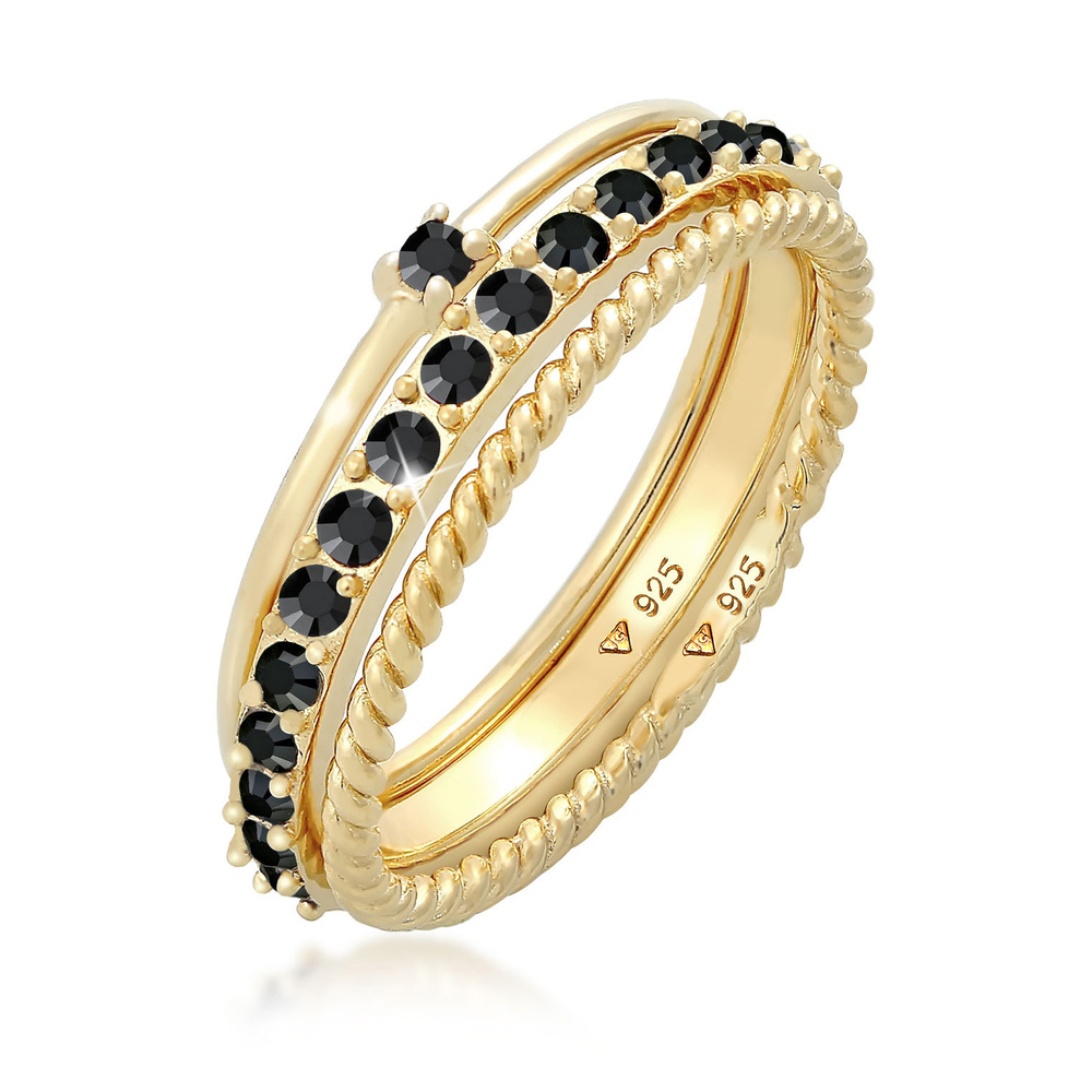 Elli Elli Bague Femmes Pile Set Élégante Solitaire Torsadé Tendance avec Cristaux Noir Bague