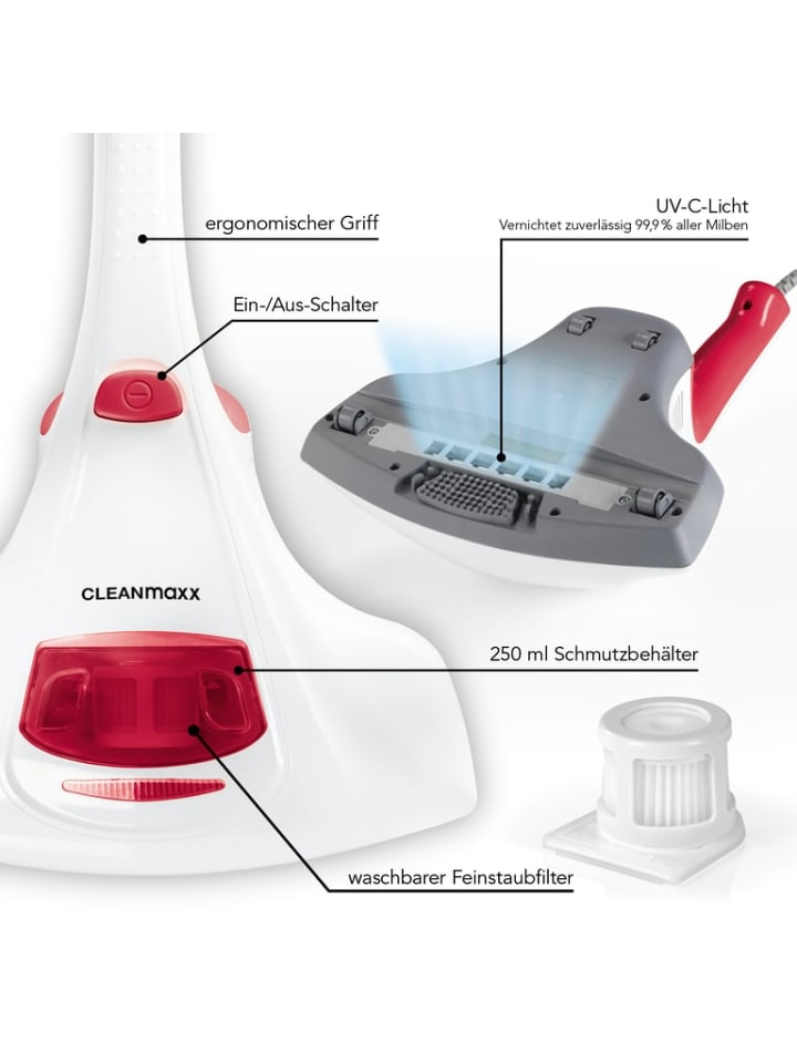 CLEANmaxx CLEANmaxx Milben-Handstaubsauger mit UV-C-Licht inkl. 2 Ersatzfilter - weiß/rot günstig kaufen onesize