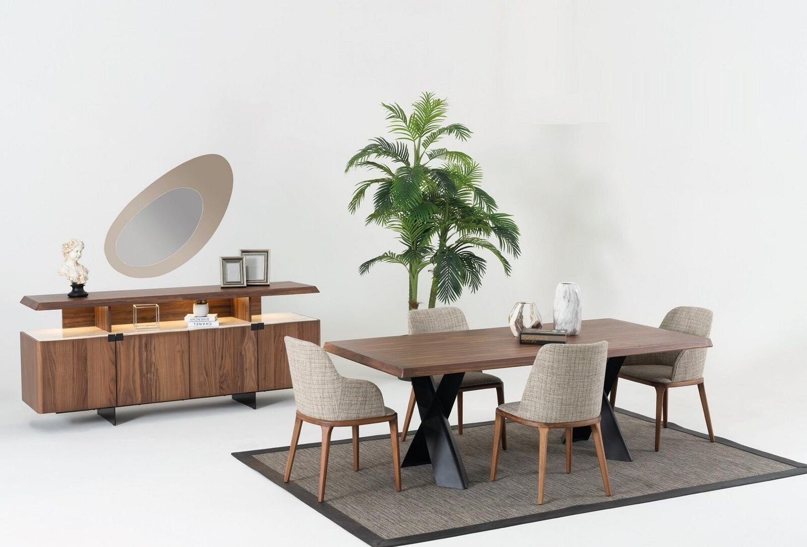 JVmoebel Esszimmer-Set Esszimmer Tisch 4x Stühle Anrichte Spiegel Essgruppe Design, (7-St)