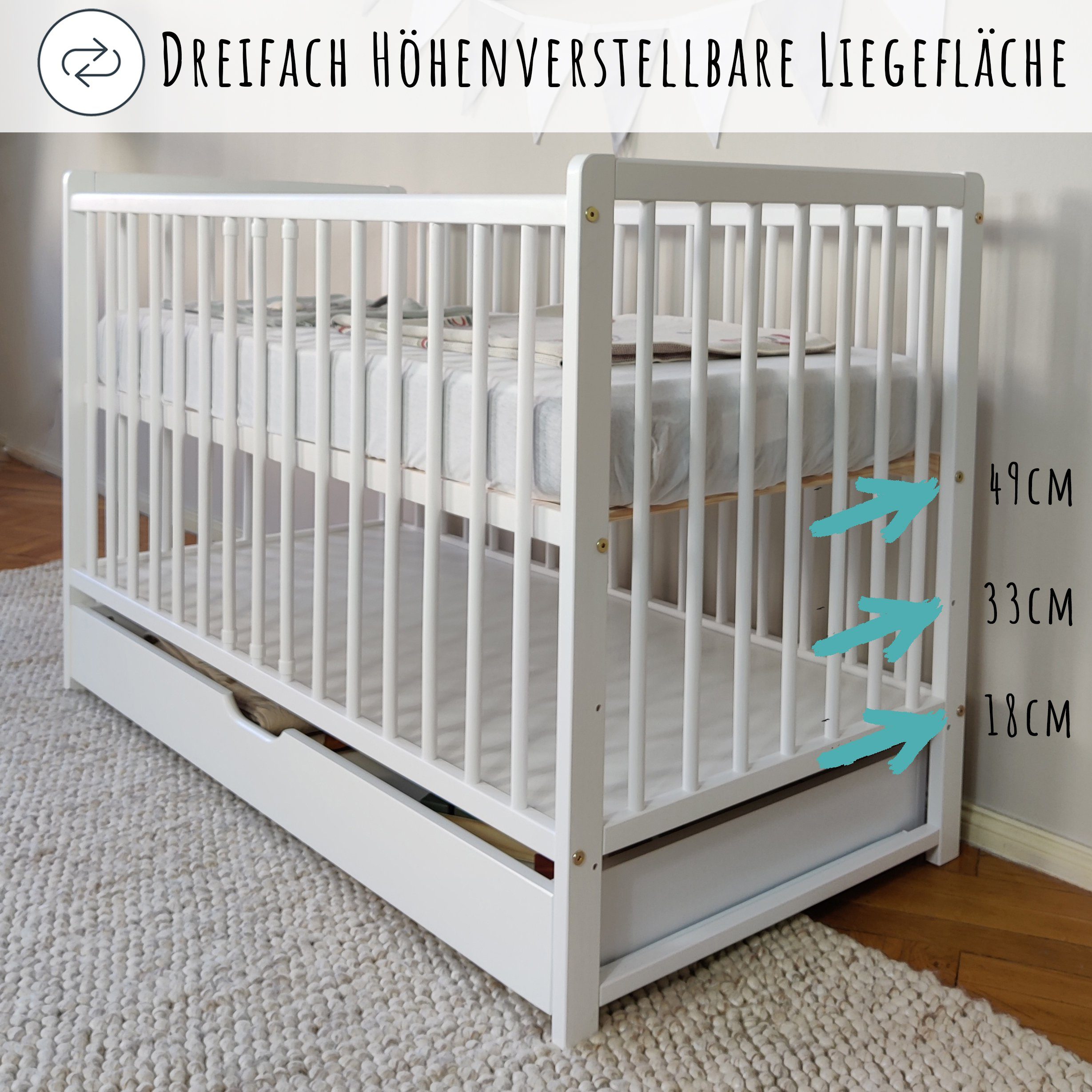 Kids Collective Babybett Gitterbett mit Schublade Kinderbett 60x120 höhenverstellbar, aus hochwertigem Kiefernholz, Bettkasten, optional mit Matratze
