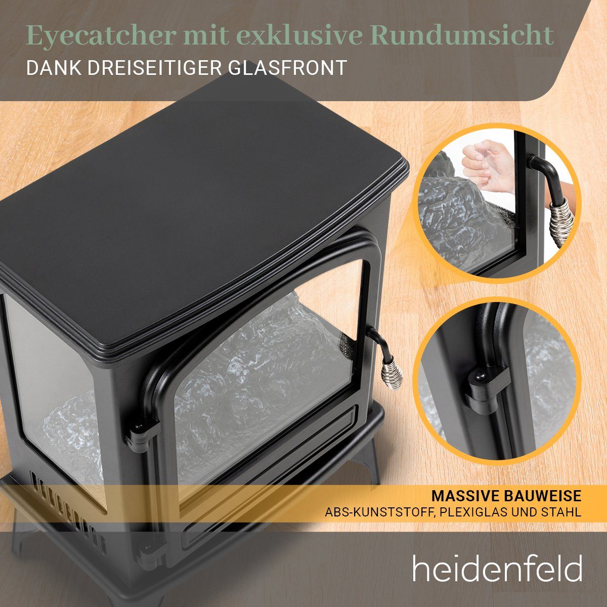 Heidenfeld Elektrokamin Kamin Heizung Standkamin EK100 2000 Watt inkl. 3 Jahre Garantie, 3D Kaminfeuer- Dreiseitige Glasfront - Kaminofen - Elektroheizung