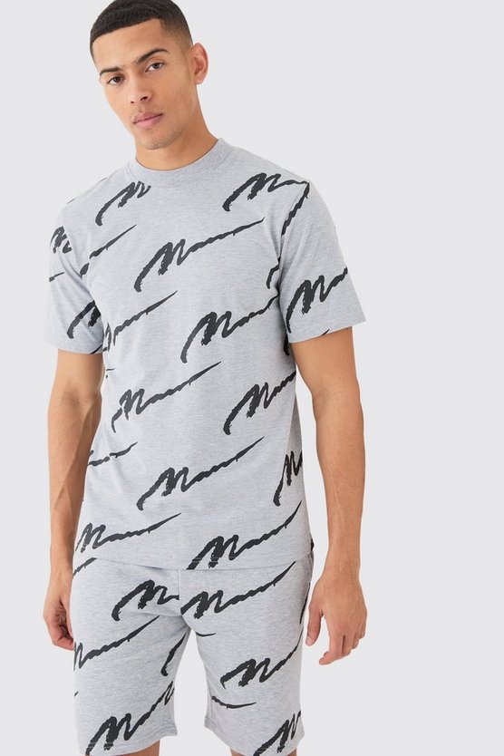 Man Signature Slim-Fit Shorts-Set mit Print