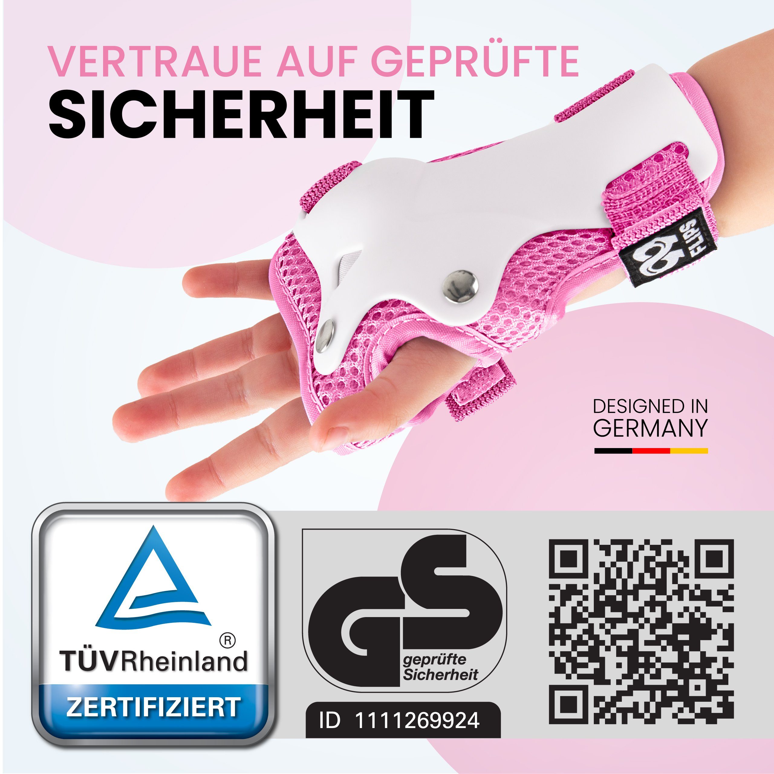 99FLIPS Protektoren-Set Schoner Inliner skates Kinder Set Skateboard Protektoren Schützer (Knieschoner Kinder Schutzausrüstung für Rollschuhe & Skateboard, 6-tlg., Knieschützer, Ellenbogen Schützer & Handschützer inkl. Tasche), Schlittschuhe Schoner