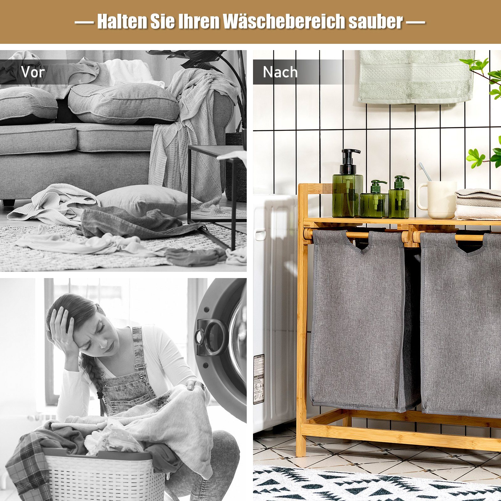 COSTWAY Wäschekorb, 2 Fächer Bambus, mit Ablage, 64x33x73cm