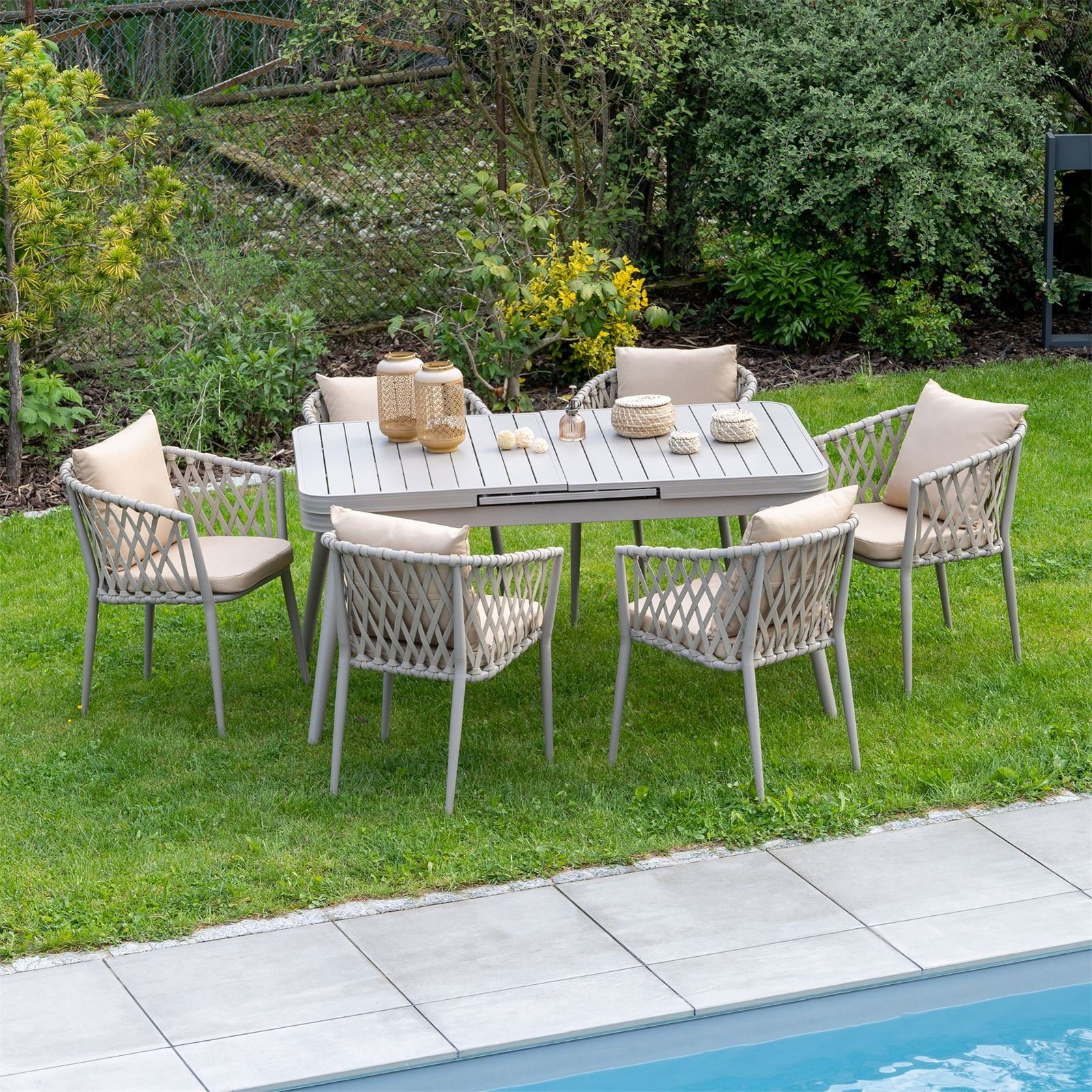 IDIMEX Gartenlounge-Set SUNNY, Gartenmöbel Set champagner/beige 1 Esstisch ausziehbar und 6 Stühle mi