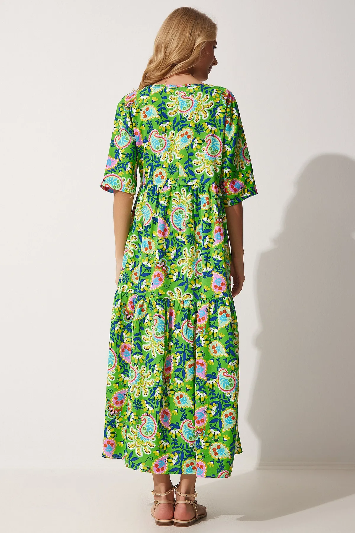 Happiness İstanbul  Damen-Sommerkleid aus Popeline in Grün und Gelb mit Muster ZH00025