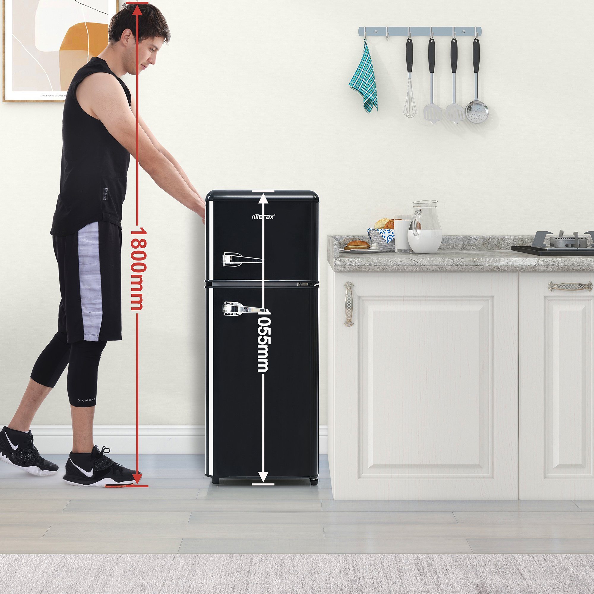 Merax Kühlschrank Retro Kühl-/Gefrierkombination BCD-102, 101 cm hoch, 41 cm breit, 92 Liter, Metall Türgriff, verstellebare Ablage und Füße