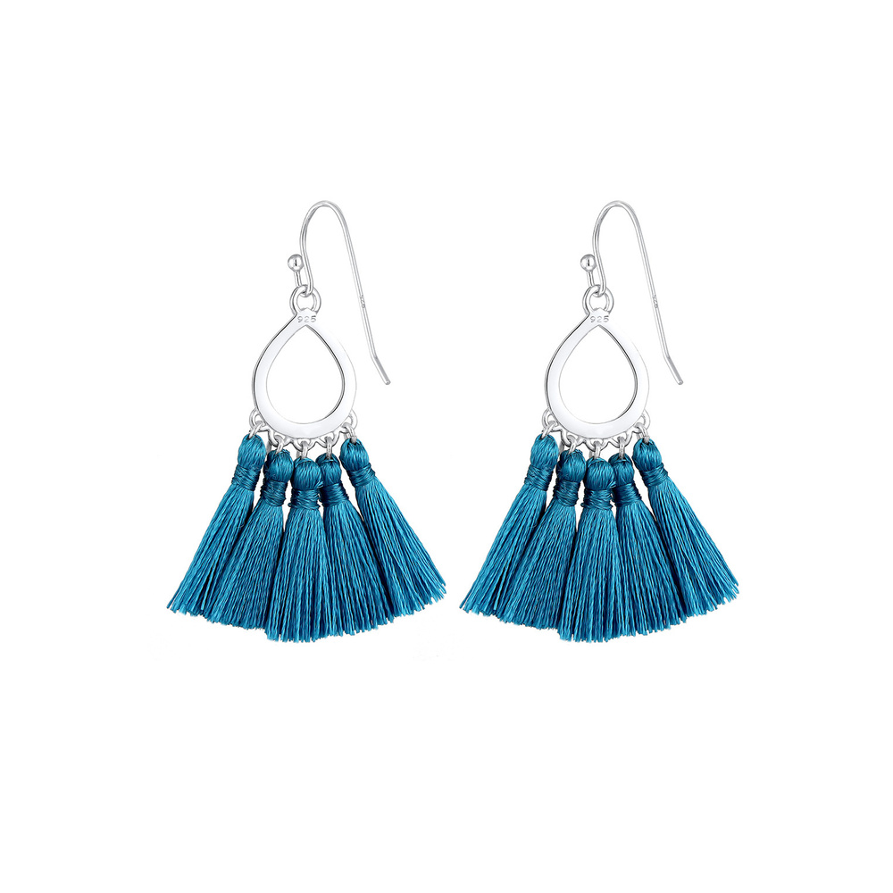 Elli Elli Boucles d'Oreilles Forme de Goutte Boho Festival Pompon Bleu Boucles d'Oreil Boucles d'oreilles