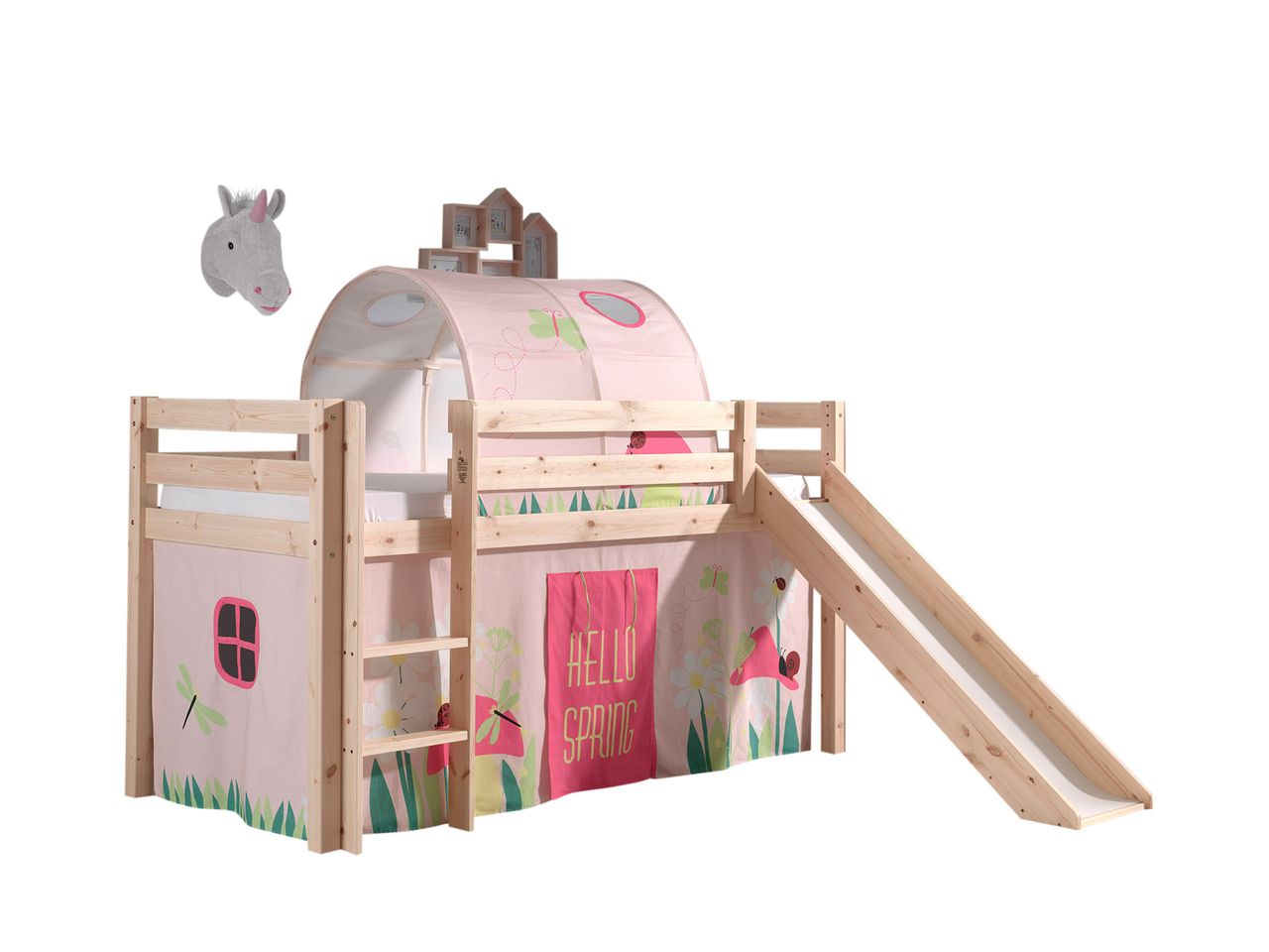 VIPACK Spielbett Pino inkl. Rutsche mit Textilset Vorhang und Tunnel 