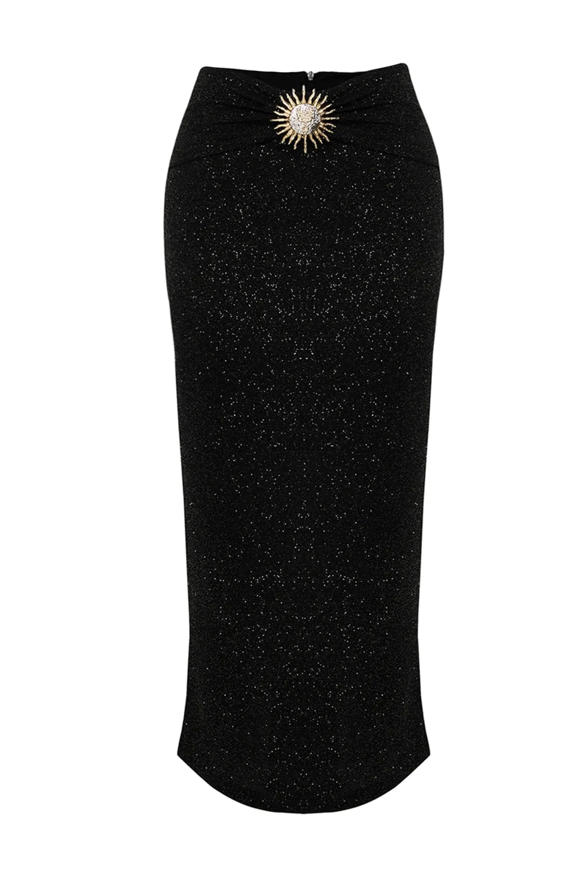 Trendyol Collection  X Zeynep Tosun Schwarzer, silberner Strickrock mit Sonnen-Accessoire-Detail TCLSS23ET00009