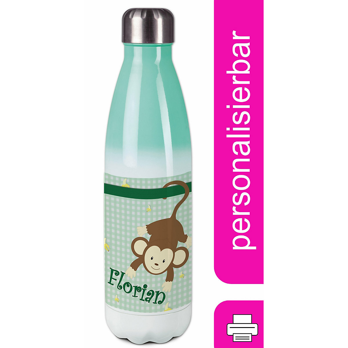 Edelstahl Kinder Thermoflasche / Trinkflasche bunt Affe hängend Farbe grün Spülmaschinenfest, Auslaufsicher, Bruchfest, Doppelwandig, Für Heißgetränke geeignet, Mit Deckel, Isoliert