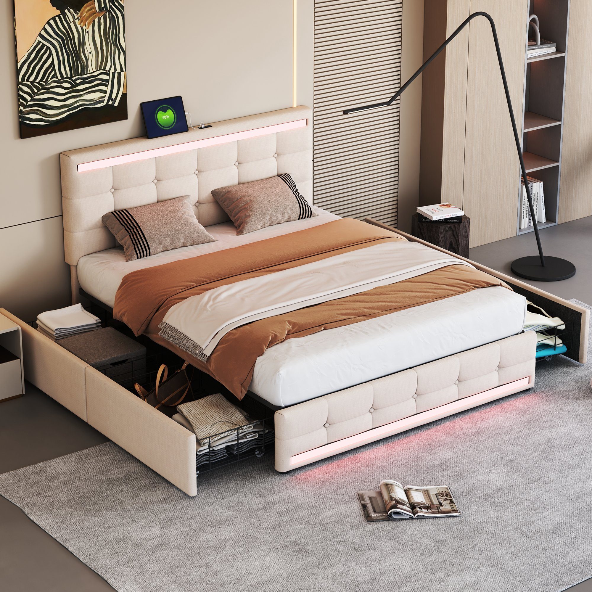 OKWISH Polsterbett Doppelbett (140 * 200 ohne Matratze, Gepolstertes LED-Bettgestell mit 4 Schubladen und 2 USB-Ladestationen), Gepolstertes Plattformbett mit Stauraum