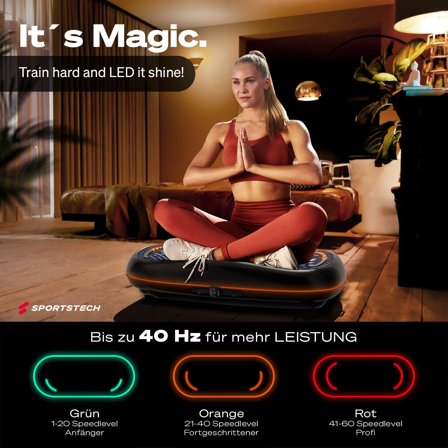 Sportstech Vibrationsplatte VP500, 60 Intensitätsstufen, Integr. Lautsprecher, Workout-Sitz, Transportrollen, Trolley-Funkt.