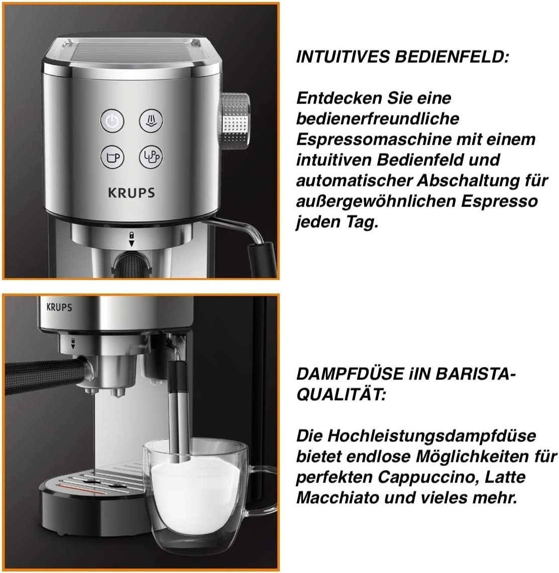 Krups Espressomaschine XP442C, 1l Kaffeekanne, Filtereinsatz automatischer Abschaltung, ESE Kaffeepads geeignet Edelstahl, 15 Bar + Tamper, Milchschaumdüse