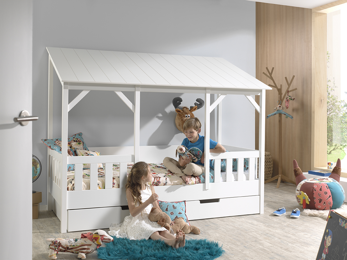 VIPACK Hausbett mit 90 x 200 cm Liegefläche und Bettschublade, Korpus Weiß lackiert, Dach in Weiß