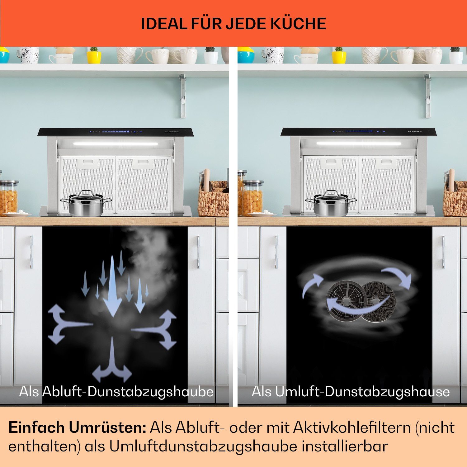 Klarstein Deckenhaube Serie CGCH3-Royal-FlushEco Royal Flush Eco, Tischabzugshaube Kochfeld Dunstabzugshaube Umluft Abluft Einbau