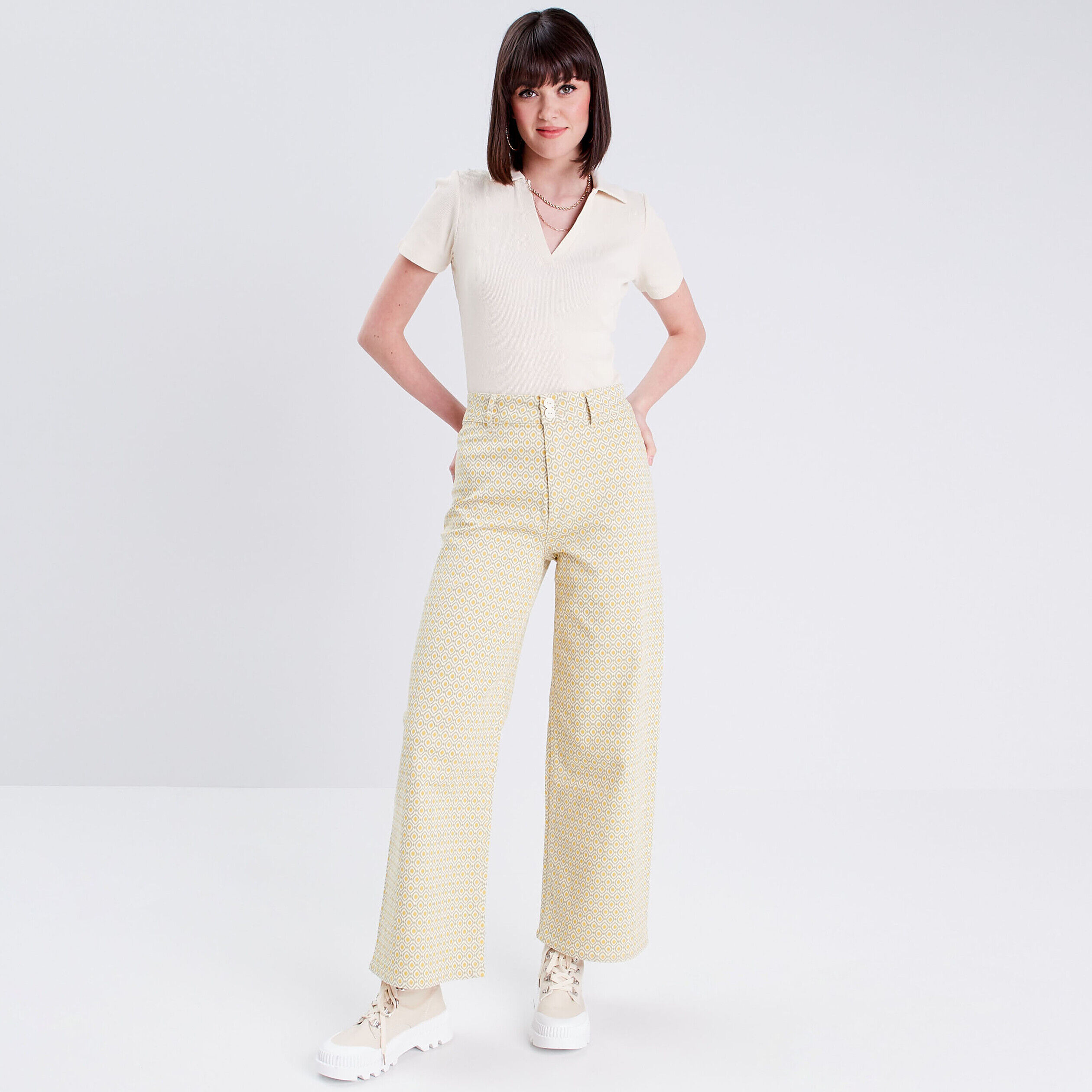 Jeans wide leg taille haute blanc femme | Cache Cache