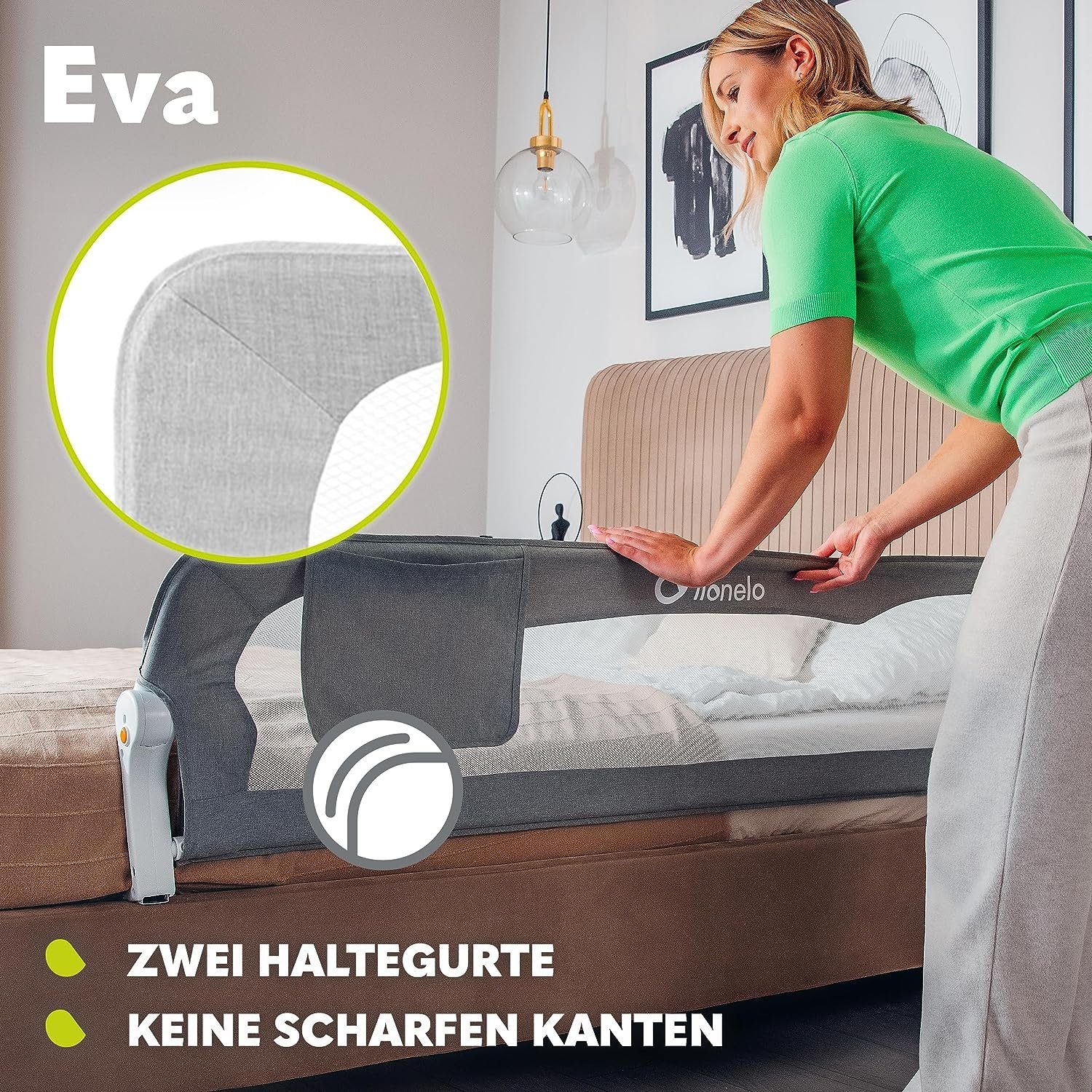 lionelo Bettschutzgitter Eva (TOP, Zwei Sicherheitsgurte, Neigungsverstellung, einfache Montage), Einfache Montage, Zusammenklappbar um 180 Grad, Robuste Konstruktion