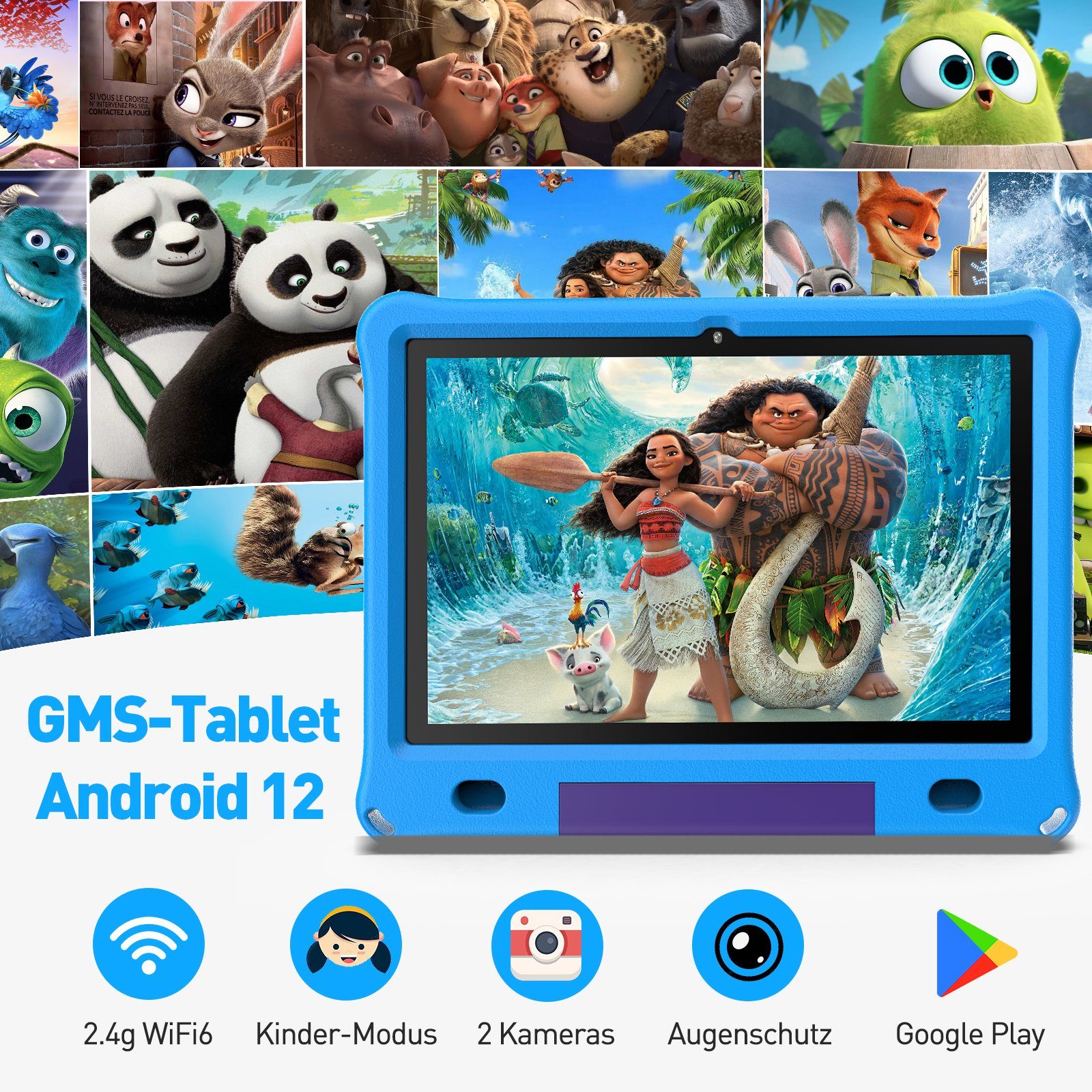 Ulife Lerntablet VASOUN B10K, für Kinder ab 2 Jahren, 10 Zoll, Android 12, fallfest, kostenloser Lern-Apps, Augenschutz, System der elterlichen Kontrolle