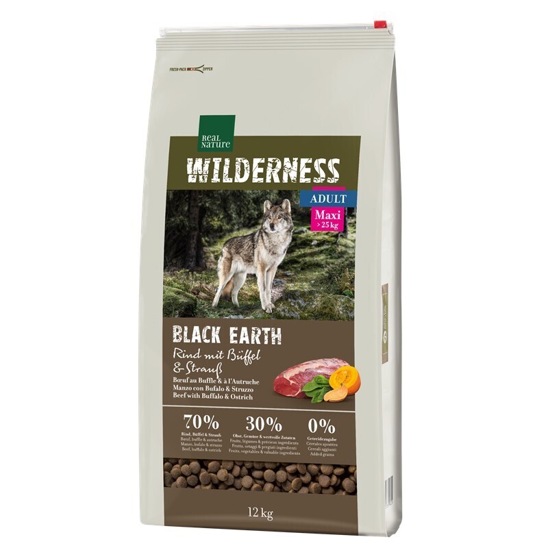 REAL NATURE Hundetrockenfutter REAL NATURE WILDERNESS Maxi Adult Black Earth Rind mit Strauß & Büffel 12 kg