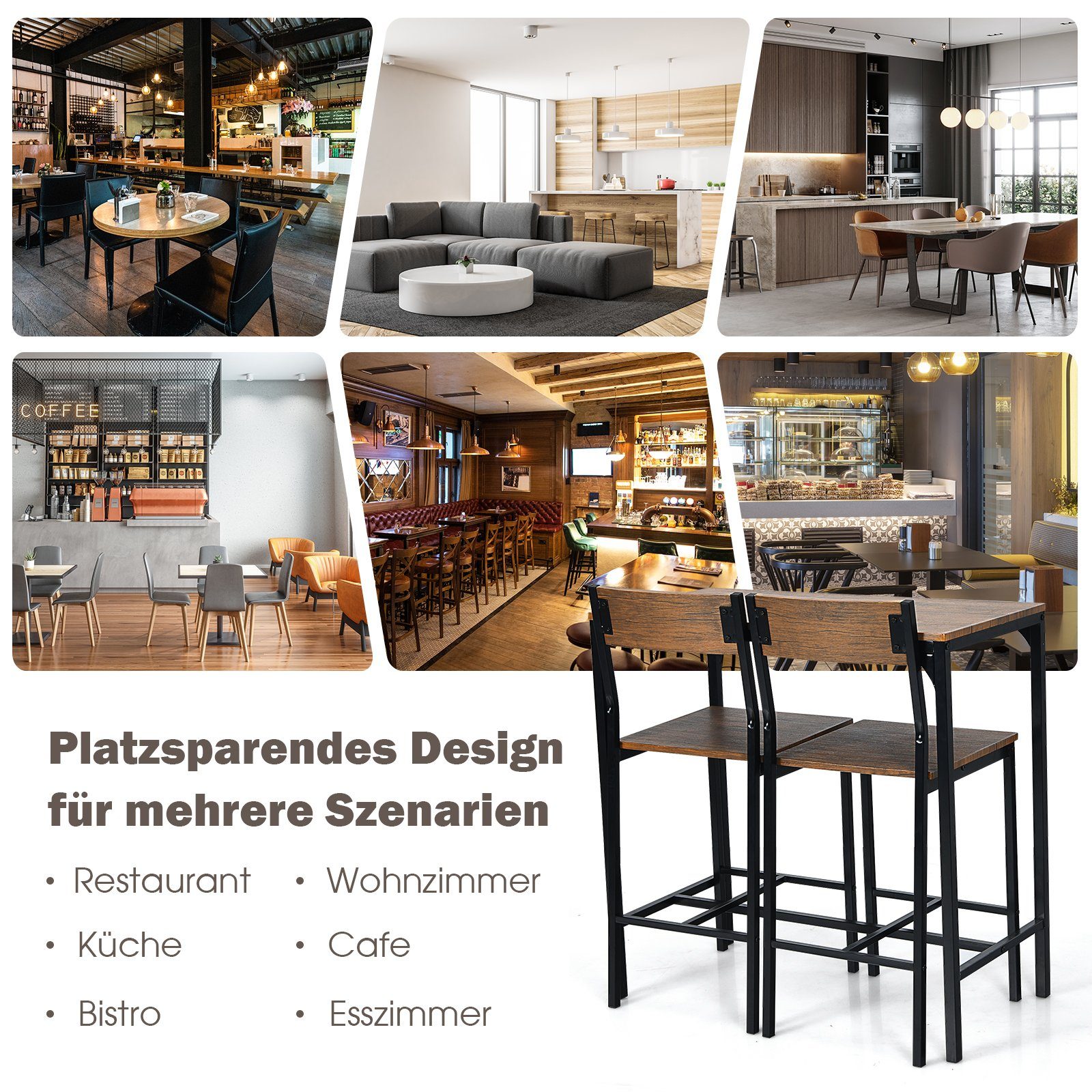 COSTWAY Bartisch, Set Esstisch (90x45x88,5cm) mit 2 Stühlen, 3 tlg., Metall