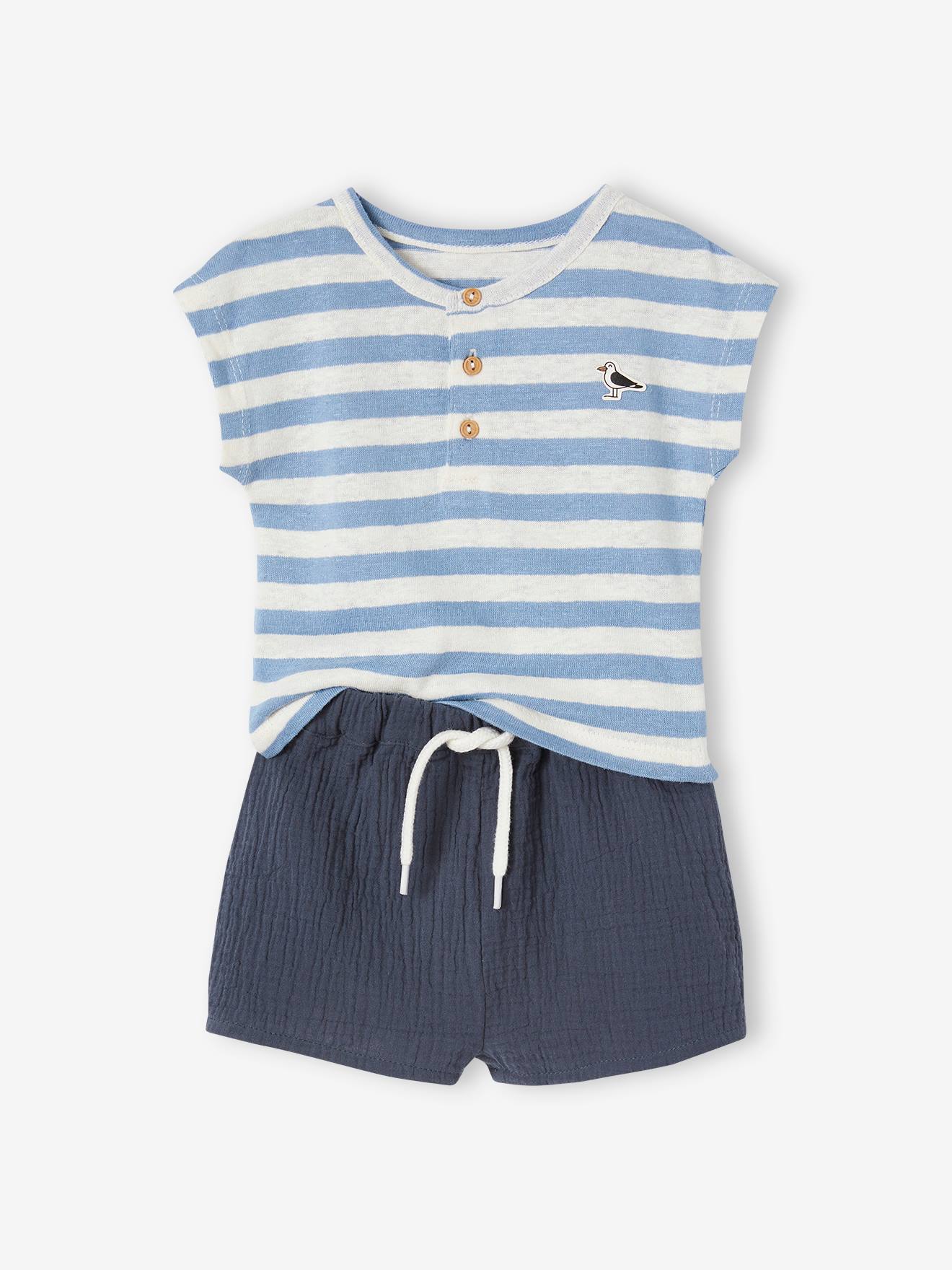 Ensemble bébé T-shirt rayé et short uni caramel