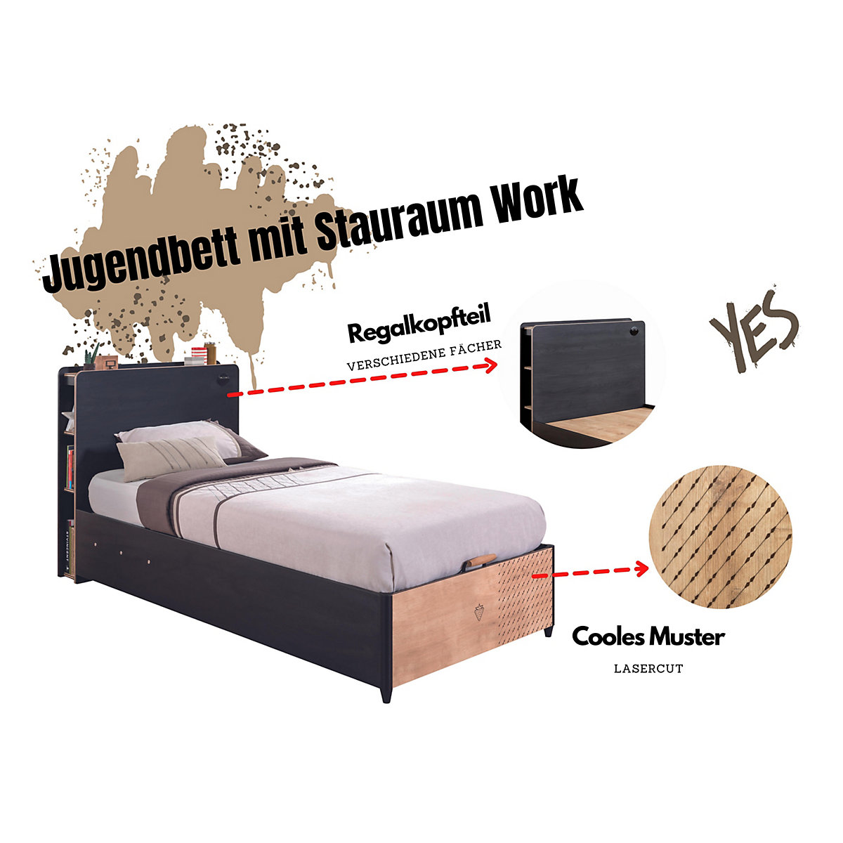 Work Jugendzimmer 2-teilig mit Stauraumbett, Matratze und Kleiderschrank