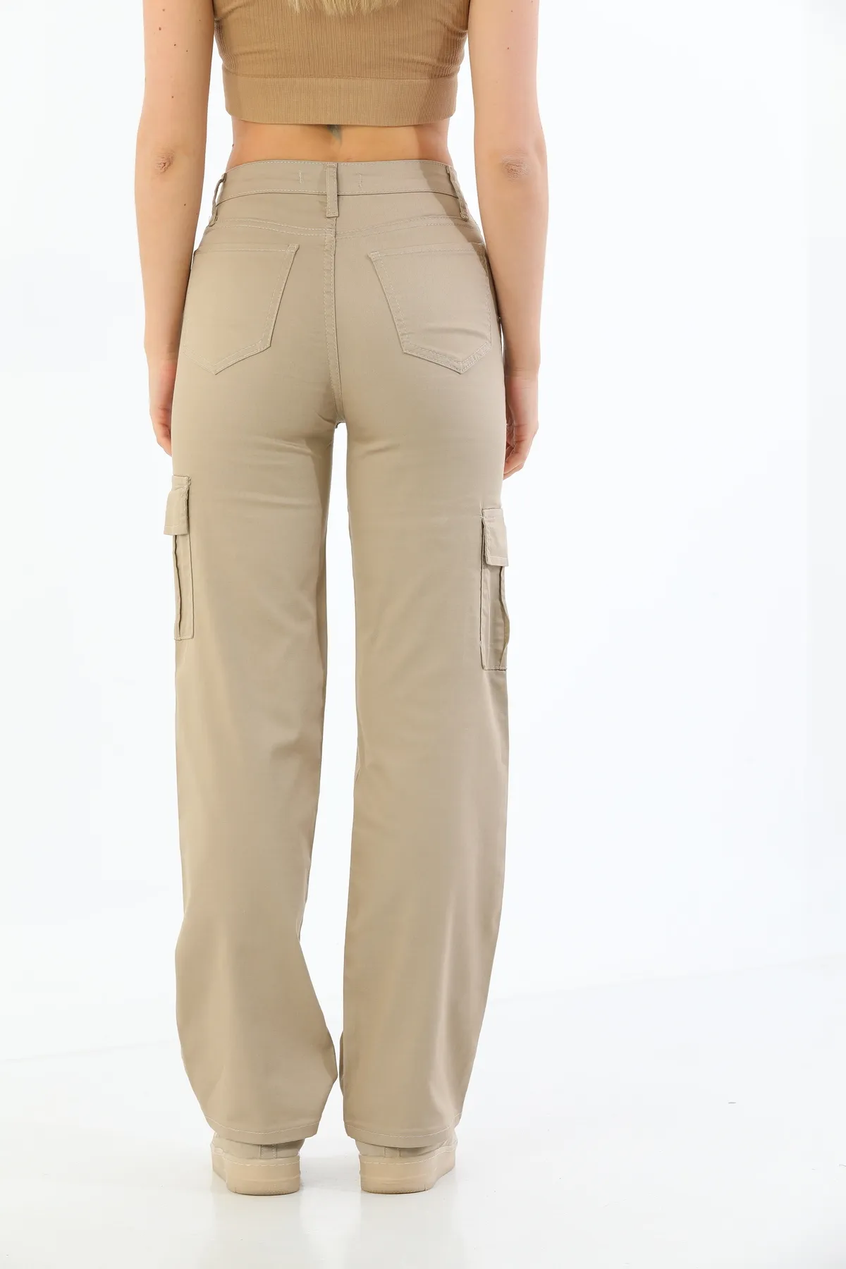 BİKELİFE  Beigefarbene Cargo-Hose aus Lycra mit hoher Taille und weitem Bein