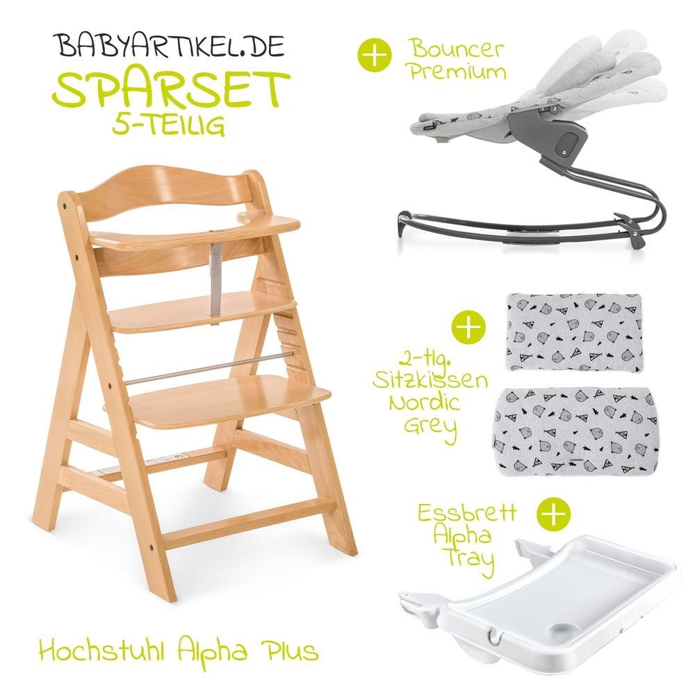 Hauck Hochstuhl Alpha Plus Natur XL Newborn Set (Set, 5 St), Babystuhl ab Geburt, Aufsatz für Neugeborene, Essbrett, Sitzauflage