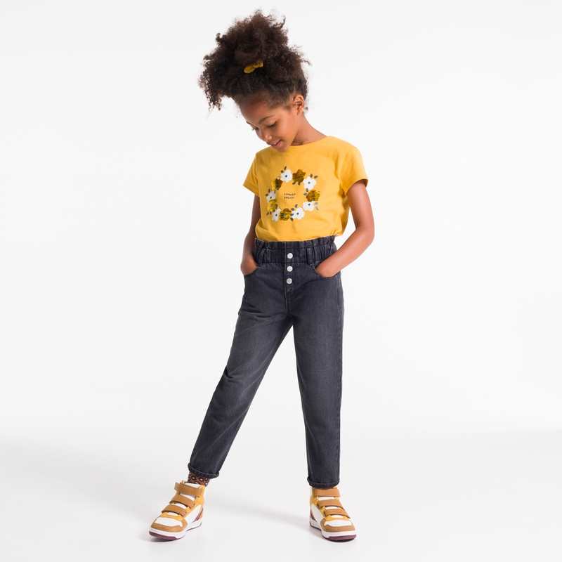 T-shirt à fleurs et sequins jaune Fille