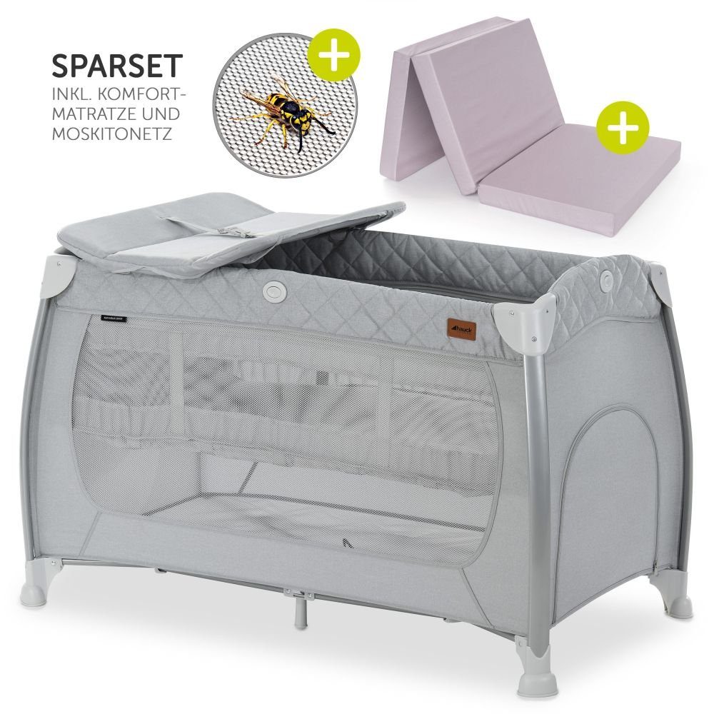 Hauck Baby-Reisebett Play'n Relax Center - Quilted Grey, 7-tlg., mit Matratze, Moskitonetz, Neugeborenen-Einsatz, Wickelauflage