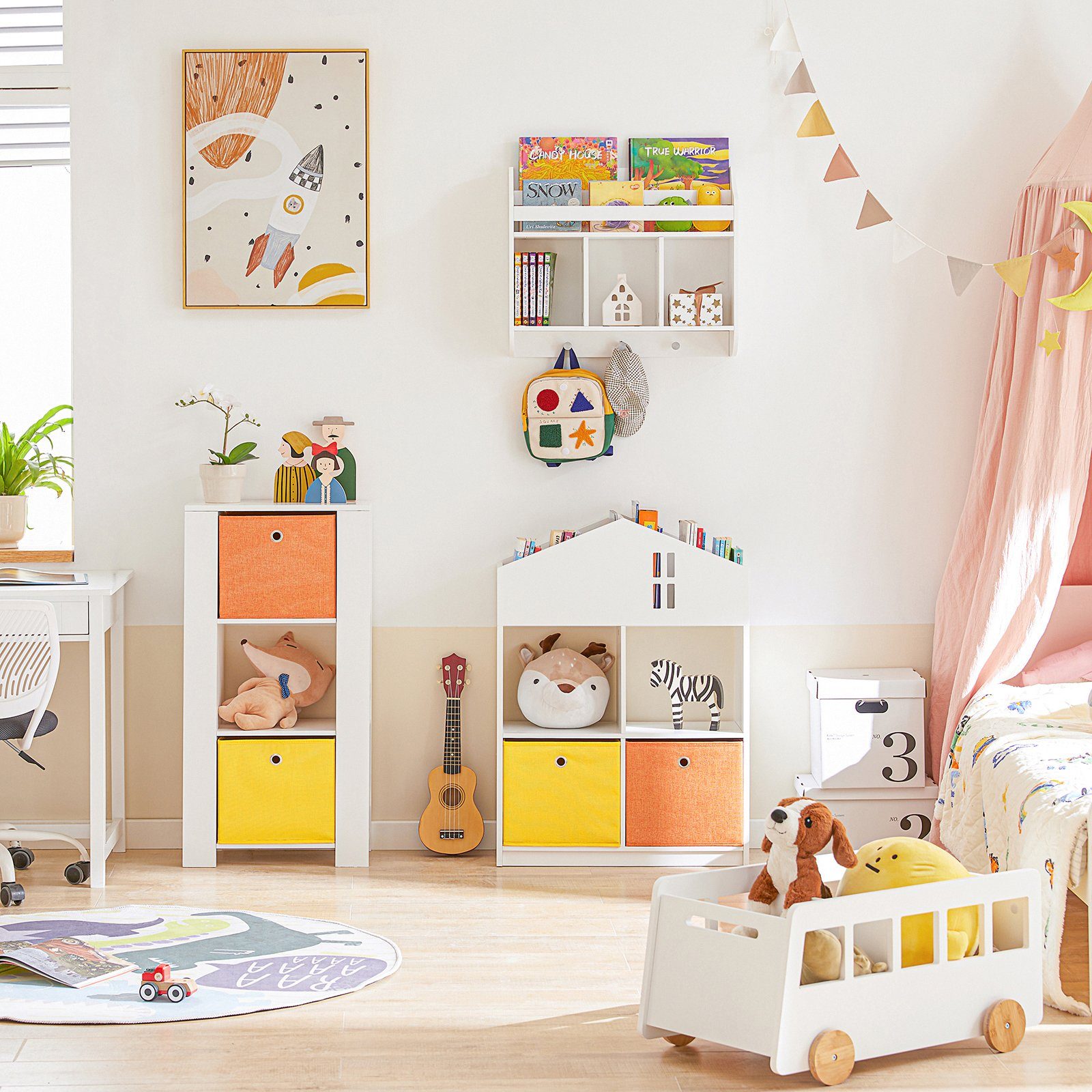 SoBuy Bücherregal KMB49, mit Haus-Design Kinderregal mit 2 Stoffboxen Spielzeugregal
