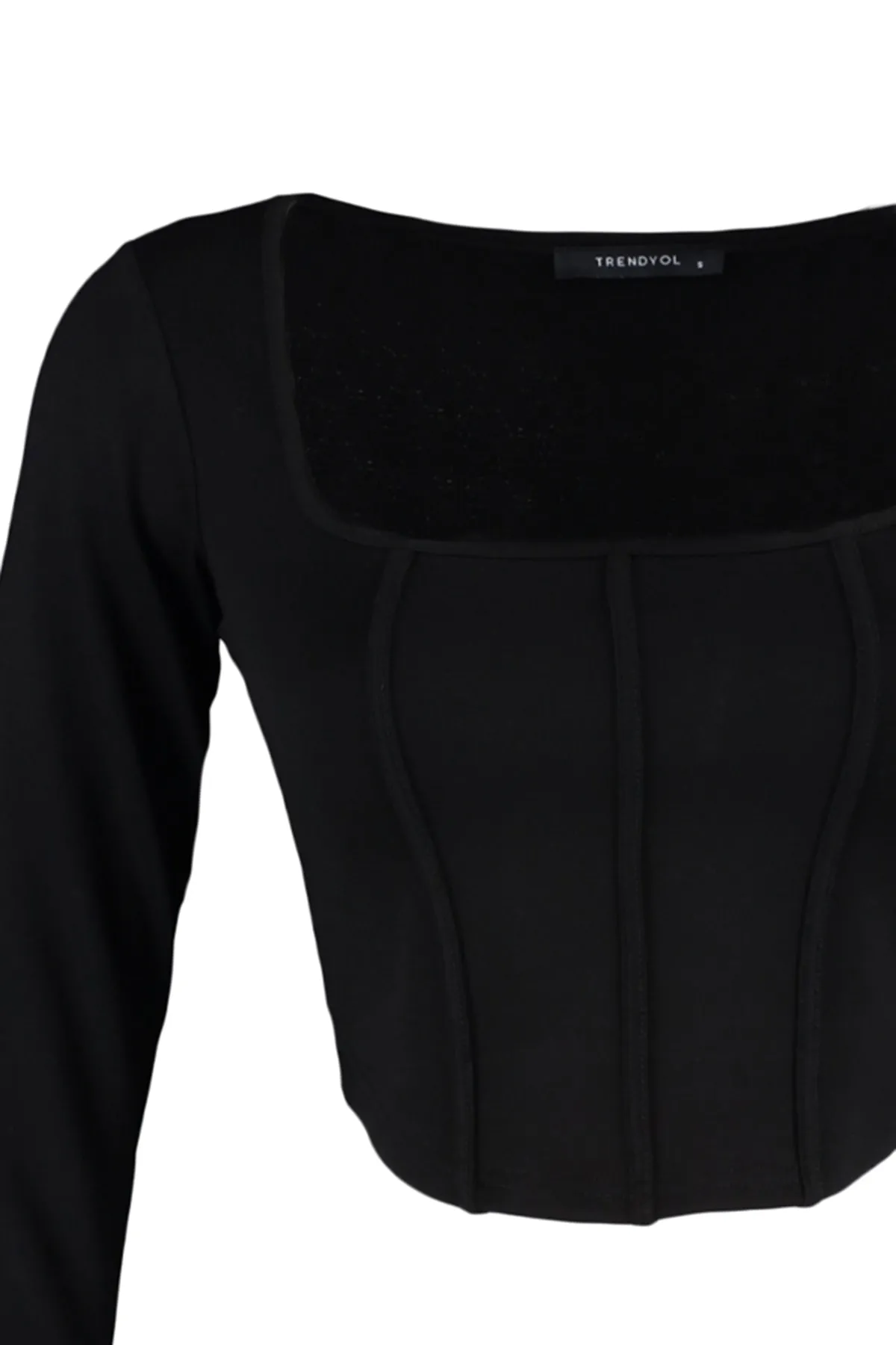 Trendyol Collection  Schwarze Paspelierung, detaillierte, eng anliegende Interlock-Strickbluse mit quadratischem Ausschnitt TWOAW23BZ00151