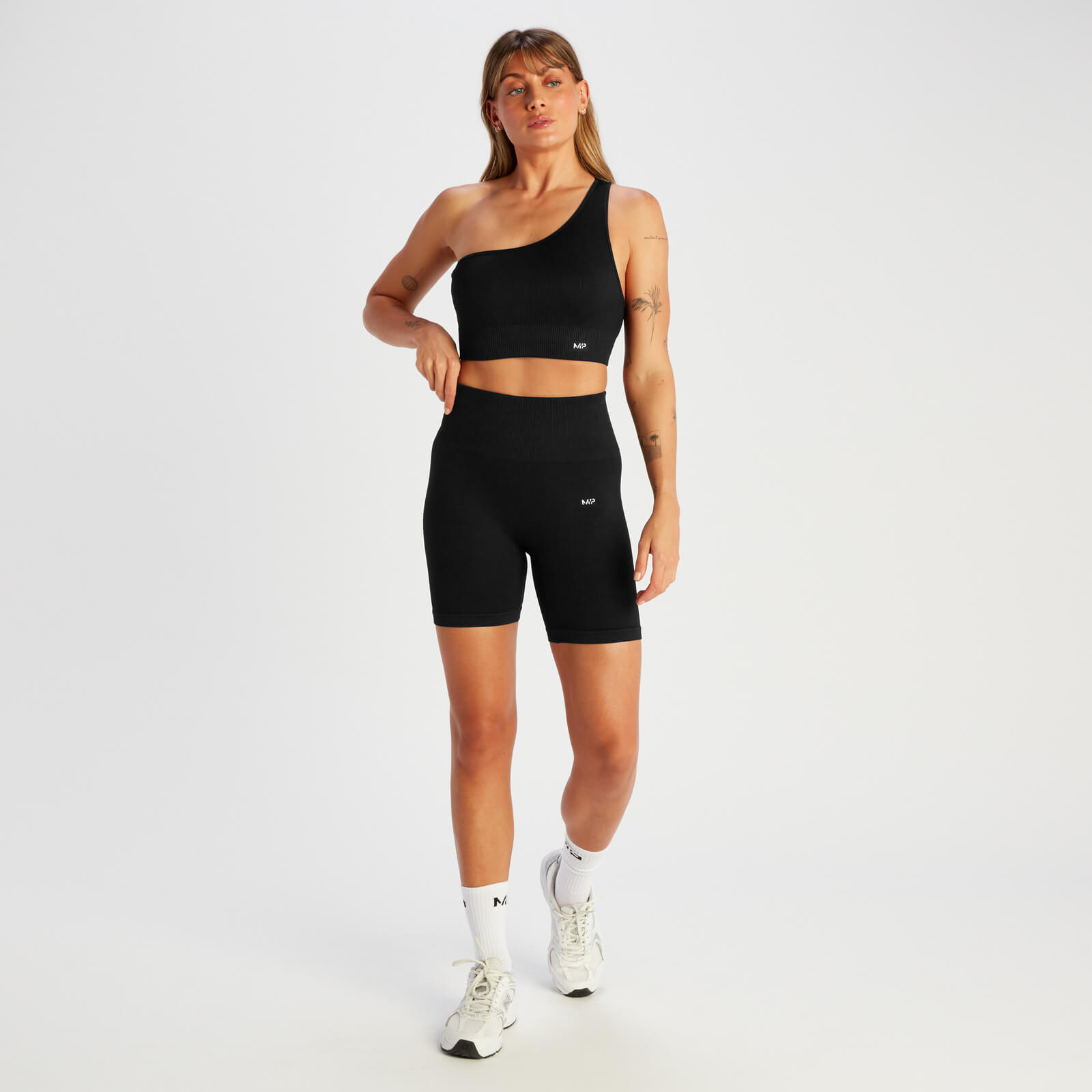 Brassière asymétrique côtelée sans coutures MP Tempo pour femmes – Noir