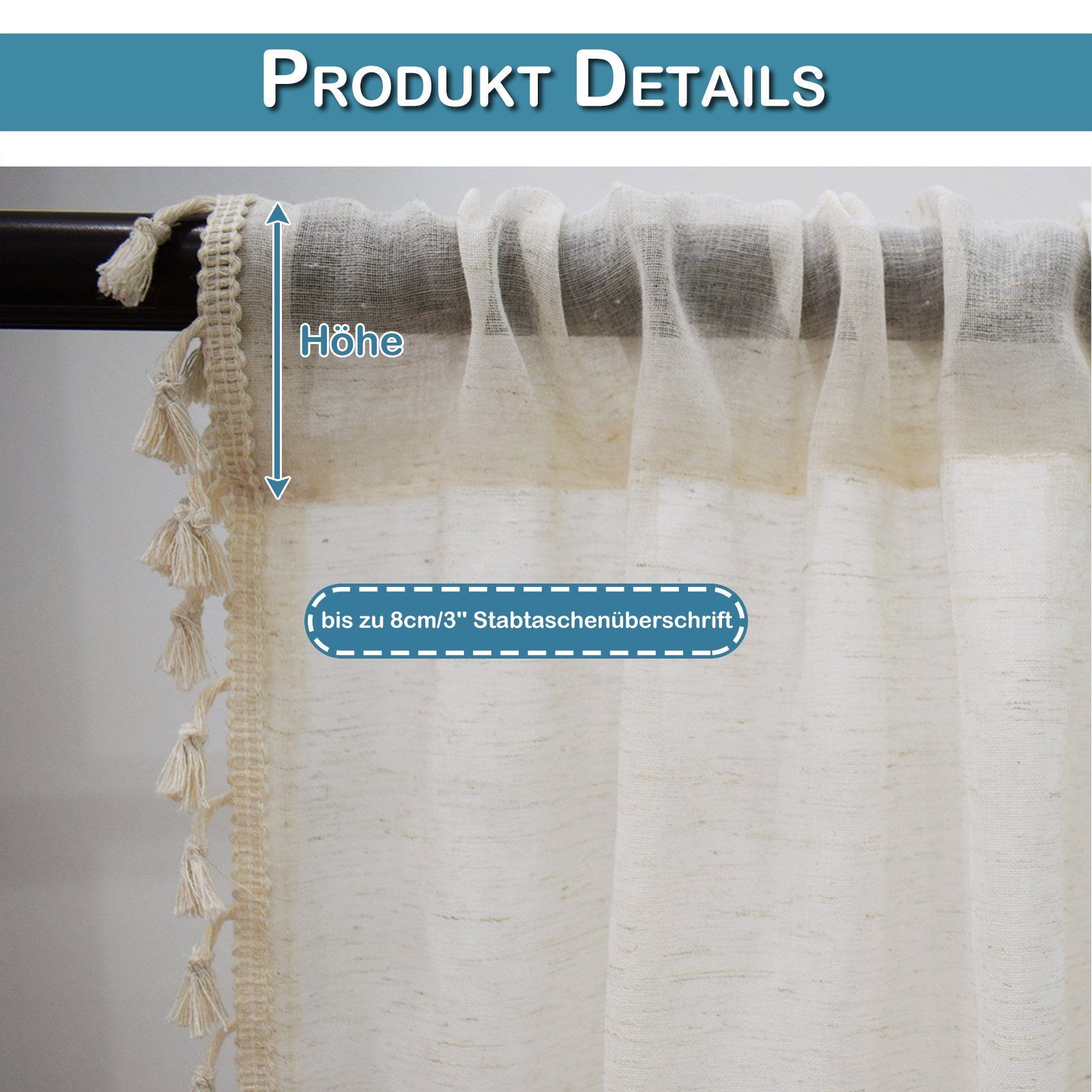 Schiebegardine Retro Vorhänge mit Quasten,Voile Gardinen Boho Vorhänge, BTTO, (1 St), transparent, mit Stangedurchzug, Bistrogardine, für Wohnzimmer Schlafzimmer