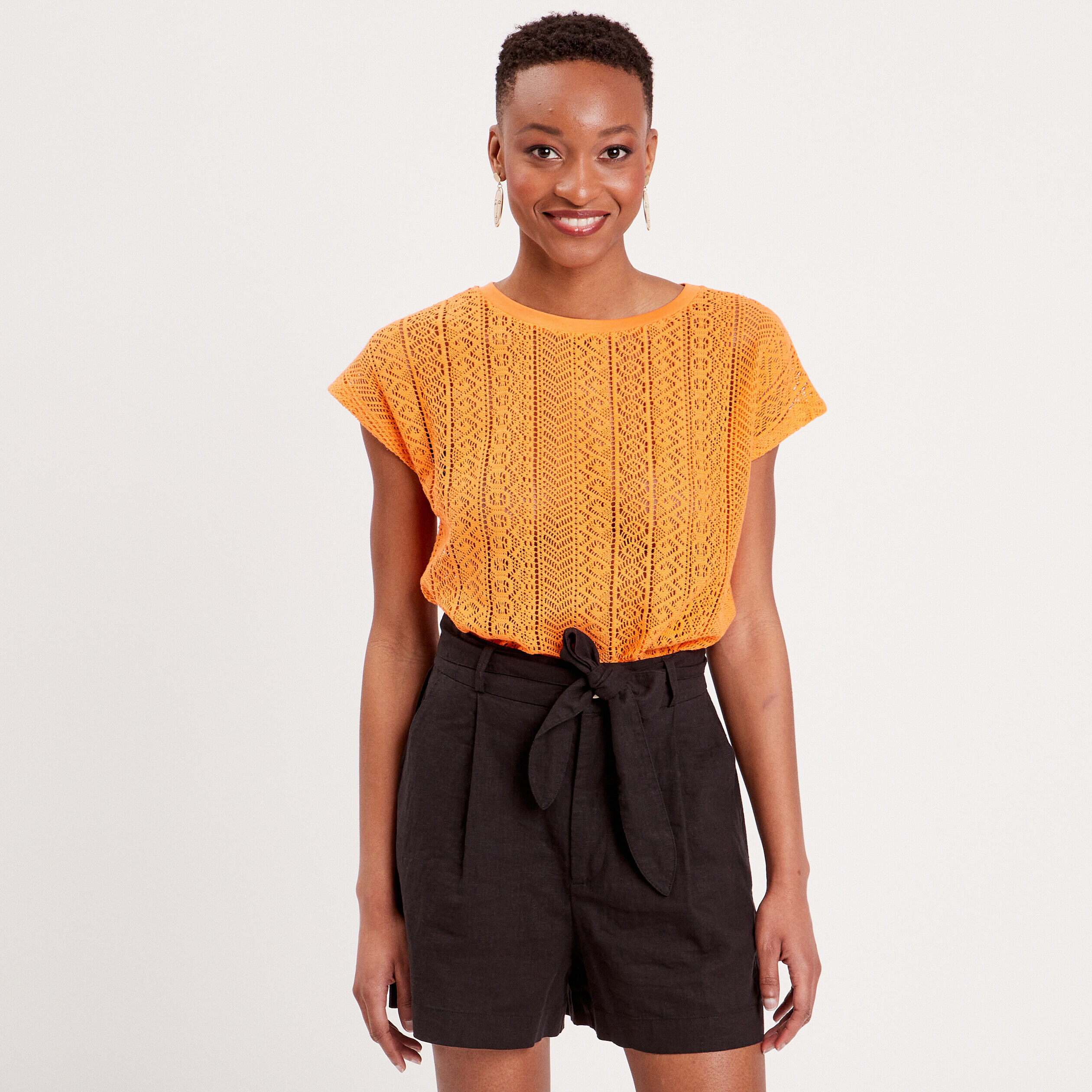 T-shirt manches courtes ajouré orange femme | Cache Cache