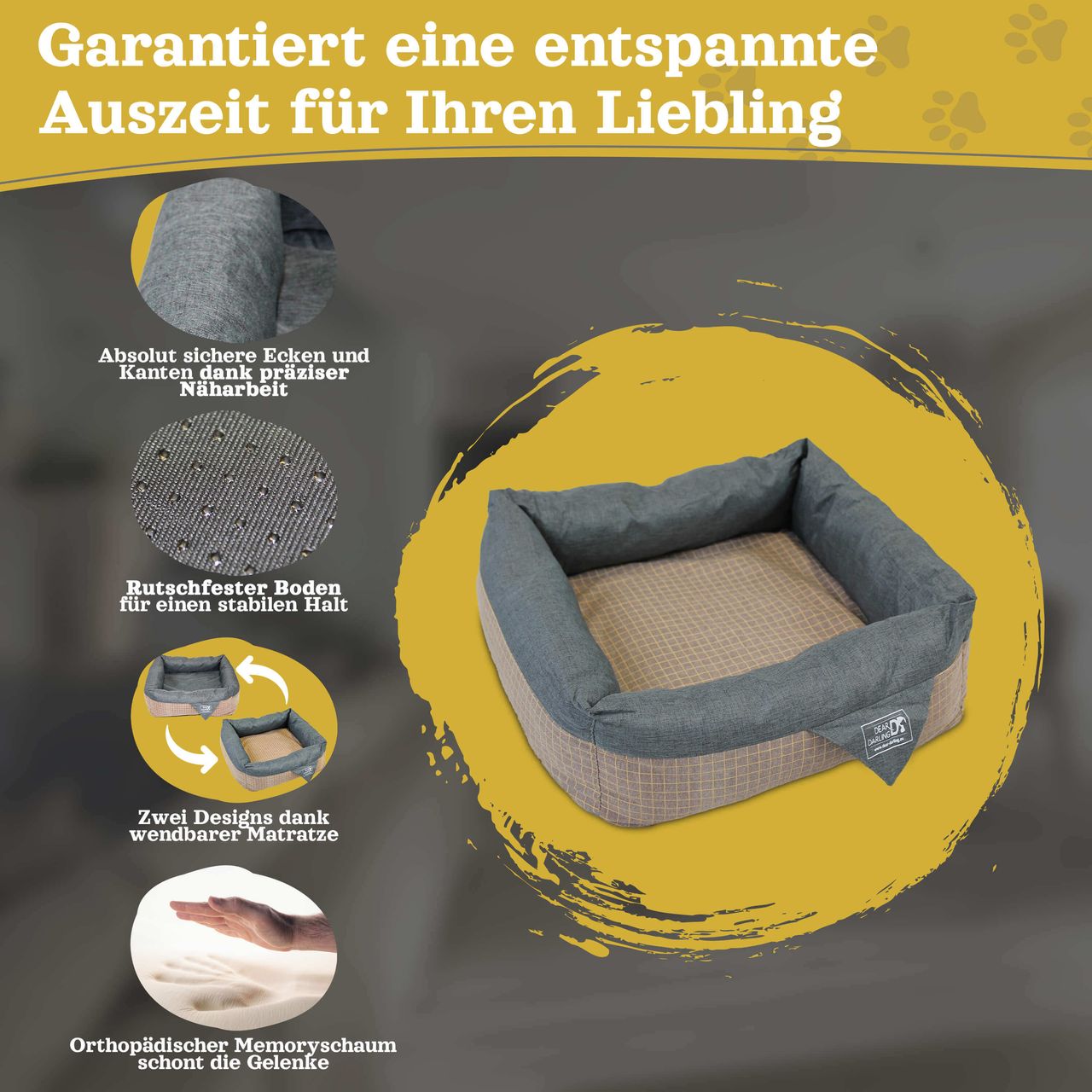 Dear Darling DD-06 Luxus Hundebett Braun Anthrazit Gr. L 80x80cm Memoryschaum Matratze