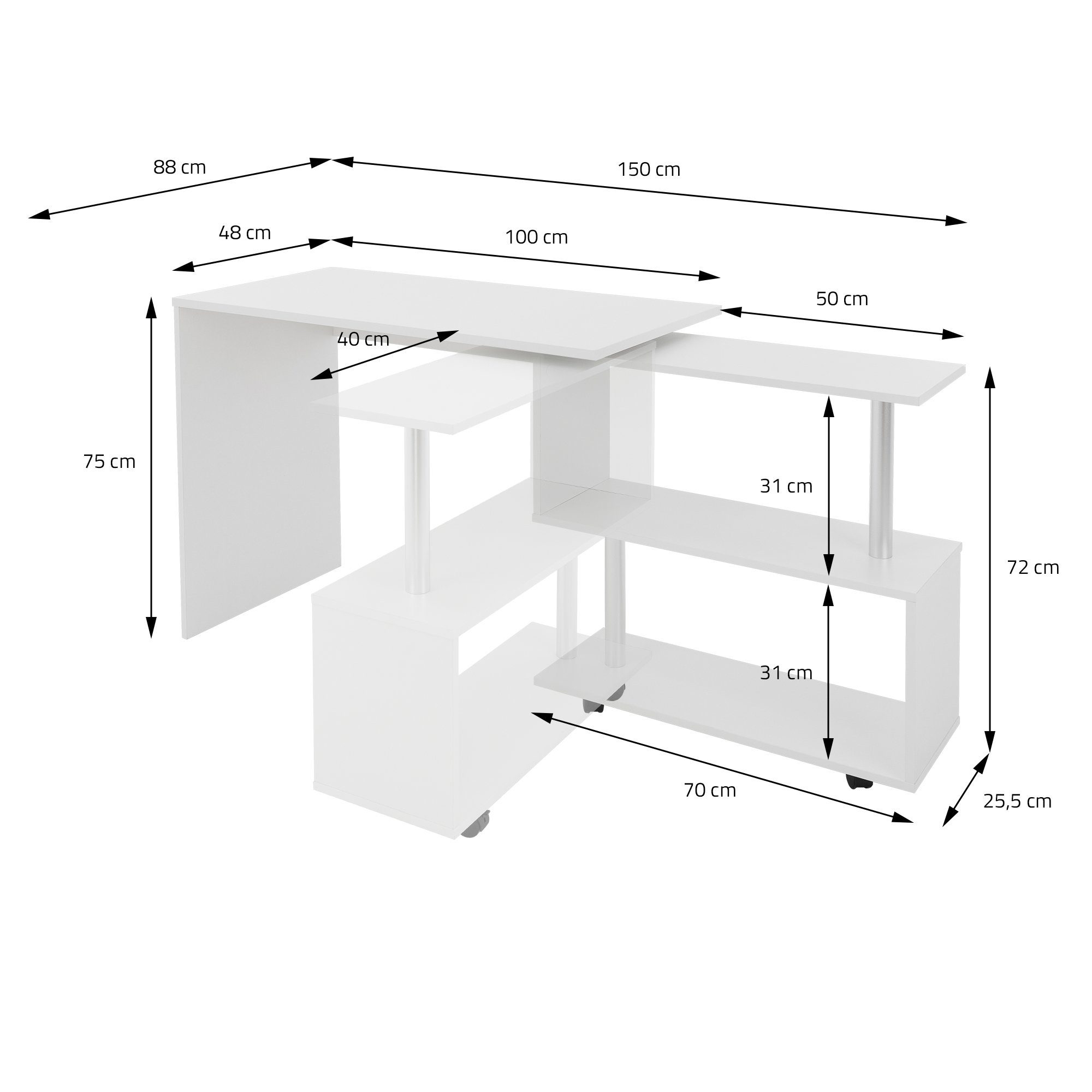 ML-DESIGN Schreibtisch Eckschreibtisch L-Form Arbeitstisch Bürotisch Computertisch PC Tisch, Drehbar mit 4 Rädern Weiß glänzend 150x88x75cm für Heim und Büro