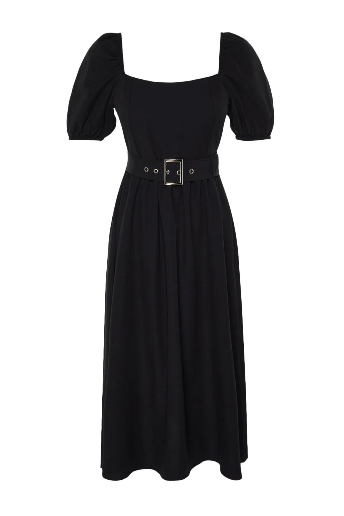 Trendyol Collection  Schwarzes Midi-Webkleid mit Skater-/Gürtelöffnung und quadratischem Kragen TWOSS23EL01123