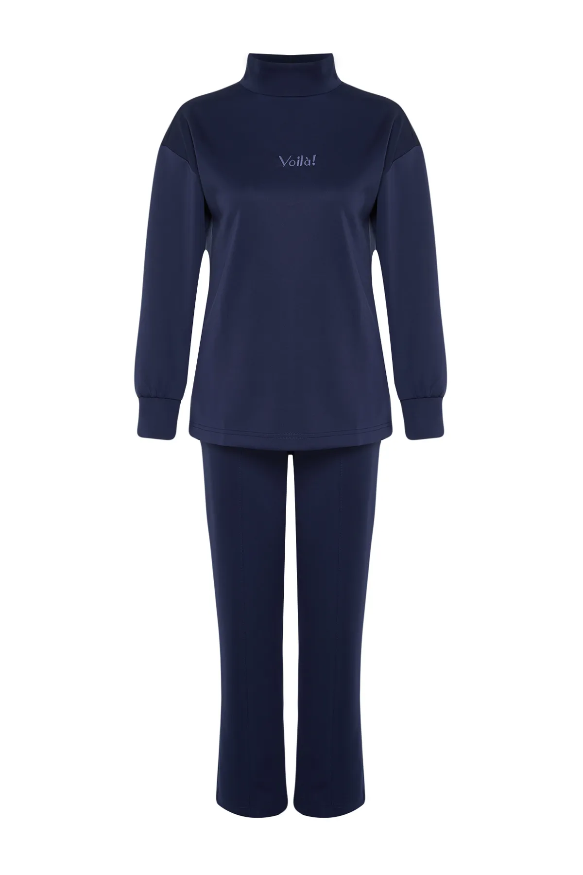 Trendyol Modest  Marineblaues Strick-Trainingsanzug-Set „Taucher/Scuba“ mit aufgestickten Buchstaben TCTAW24EN00010