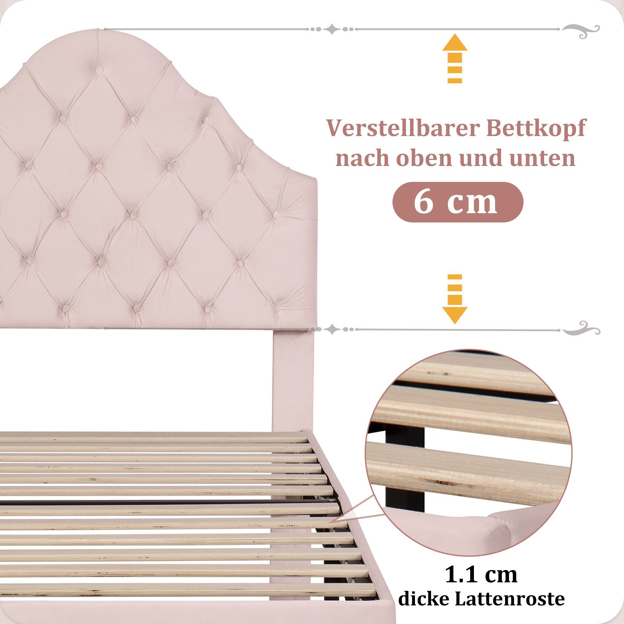 Odikalo Polsterbett Lattenrost höhenverstellbar Kopfteil Lattenrost 90/140x200 rosa/beige