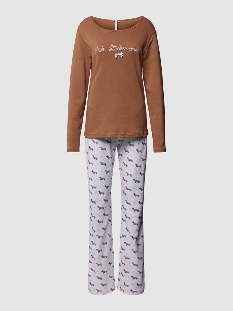 Pyjama mit Allover-Muster Modell 'Mein Glücksmoment' in camel