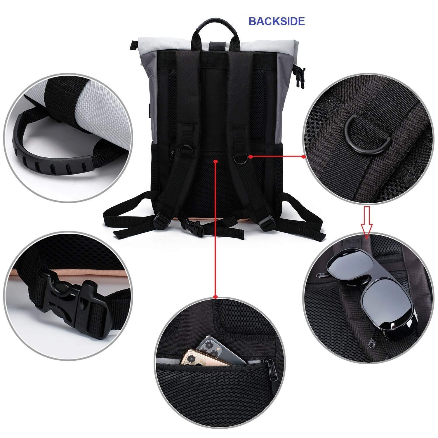 TAN.TOMI Freizeitrucksack Arbeitsrucksack Groß Damen lässiger Rolltop Rucksack Herren Backpack, mit Laptopfach bis 15,6 zoll und externen USB-Anschluss