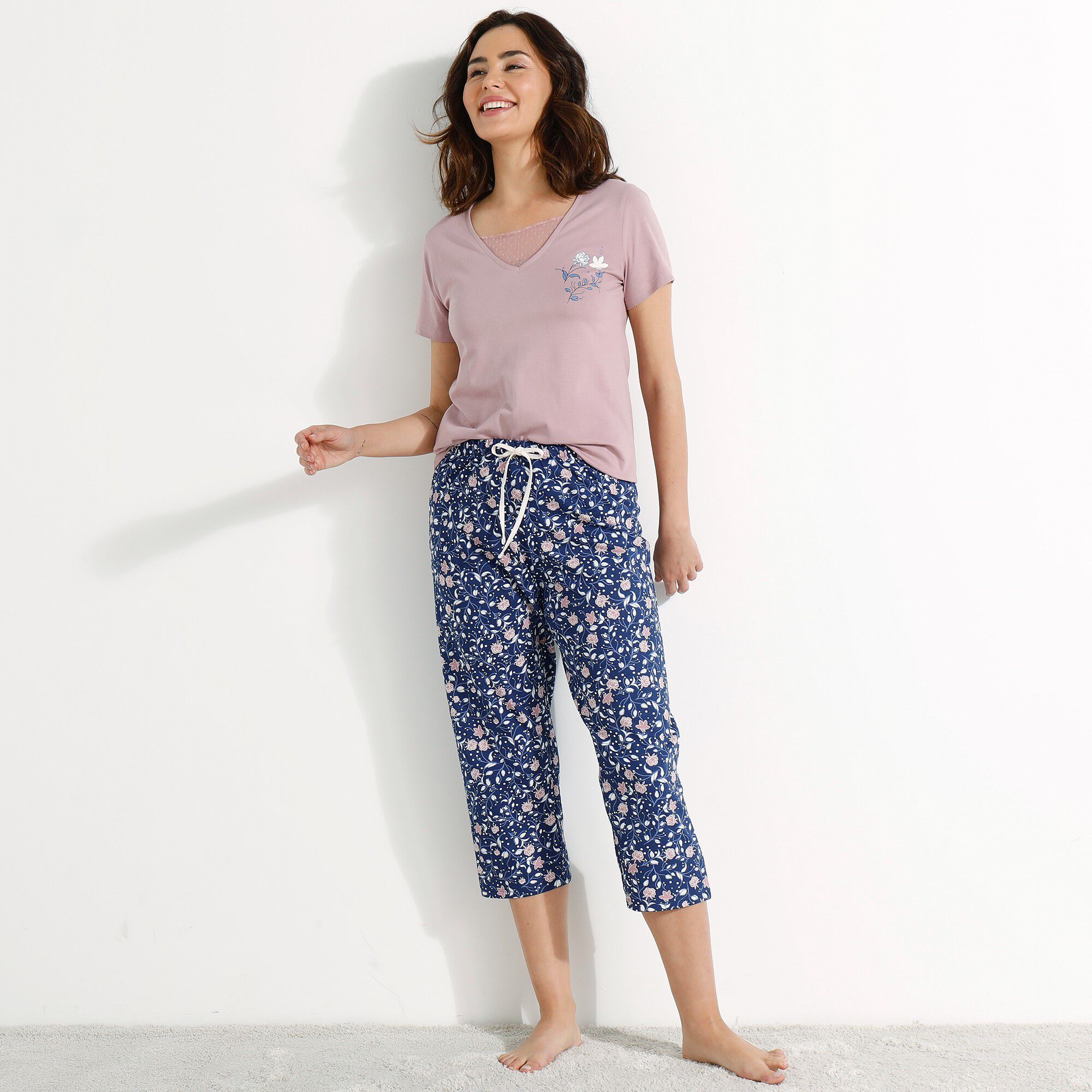 Pantacourt pyjama coton imprimé floral