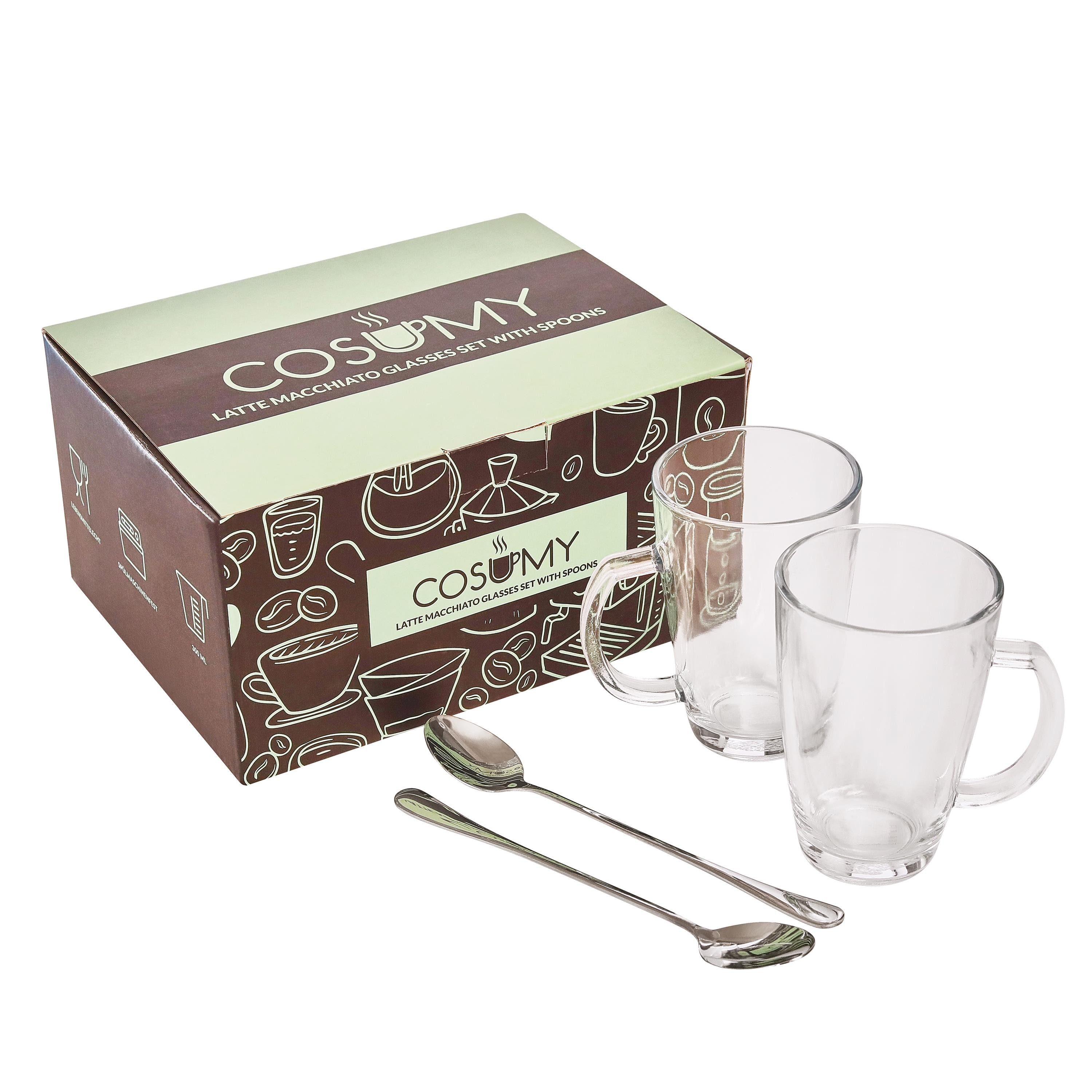 Cosumy Latte-Macchiato-Tasse 6 Latte Macchiato Tassen mit Löffel, Glas, 6er Latte Macchiato Gläser Set mit Henkel und Löffel - 300ml - Hält lange warm