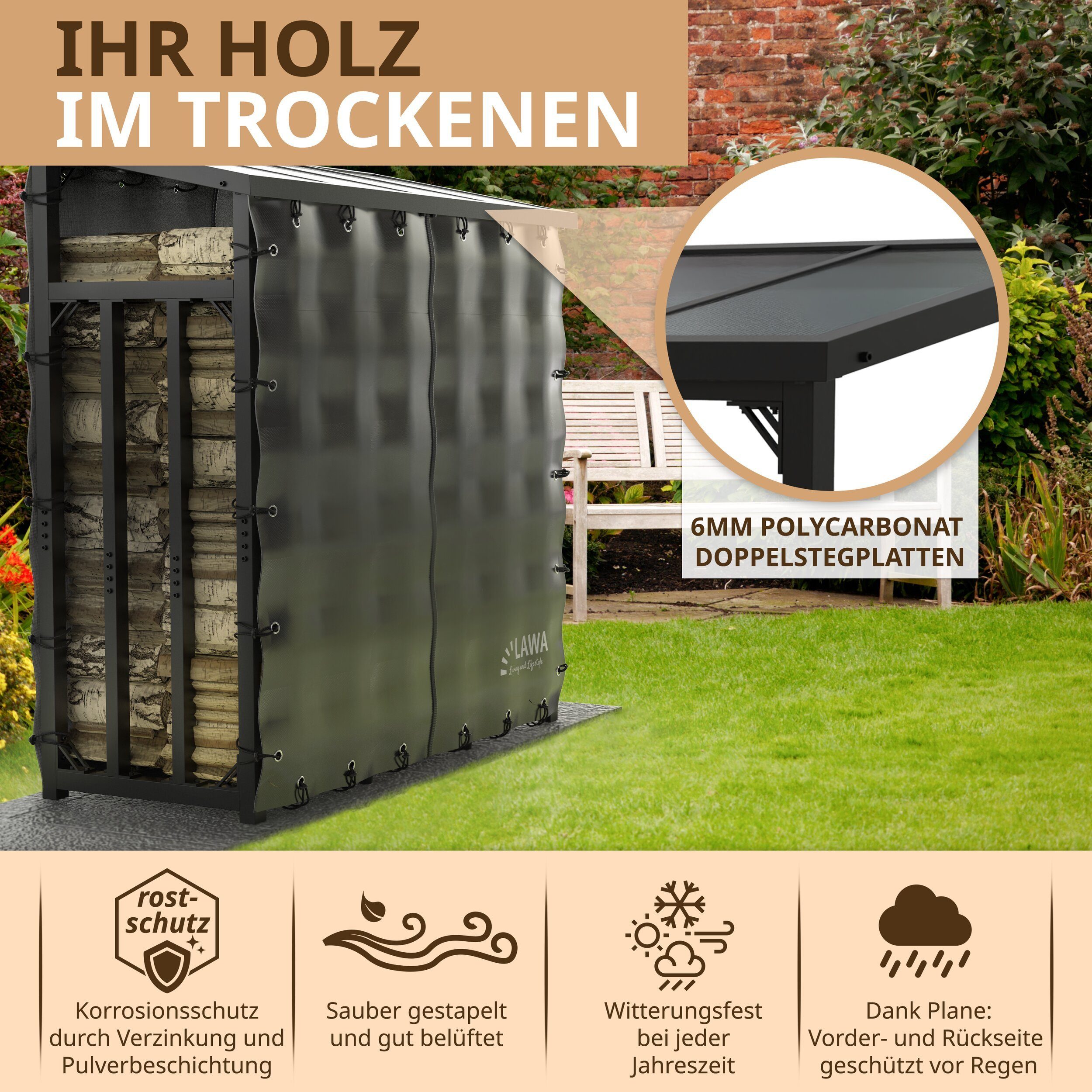 LAWA Living and Lifestyle Kaminholzregal Metall mit Dach VERZINKT Feuerholz Regal Brennholzregal außen 3t, BxTxH:188x70x188 cm, (mit Plane, mit Abdeckung), Stapelhilfe Brennholz, für ca. 2,3³ RM, Stahl, Schwarz